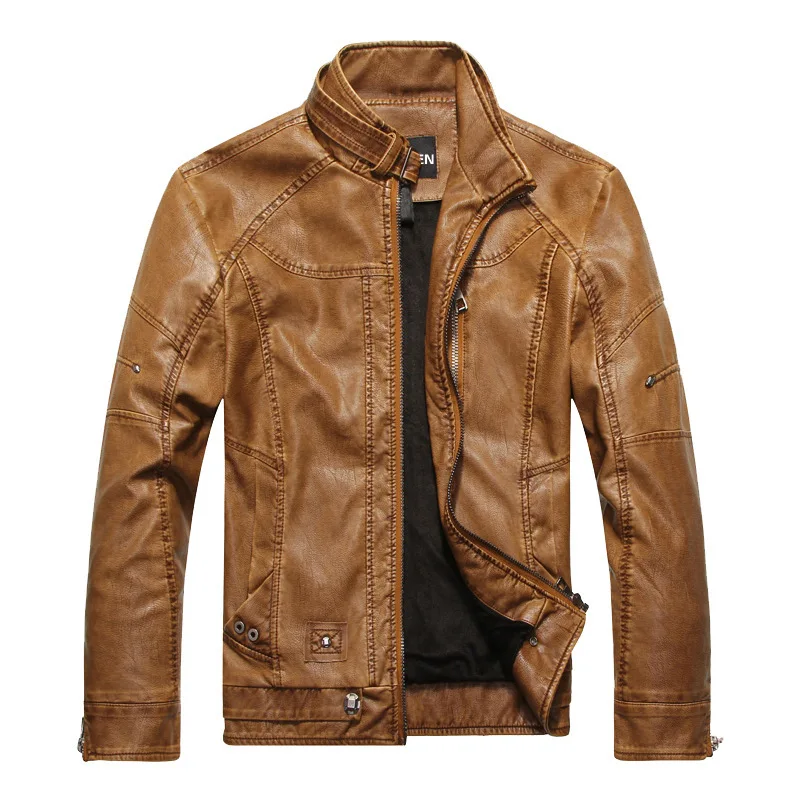 Men motorcycle leather jacket European and American style old washed leather jacket stand collar plus velvet men leather jacket cowboy leather jacket