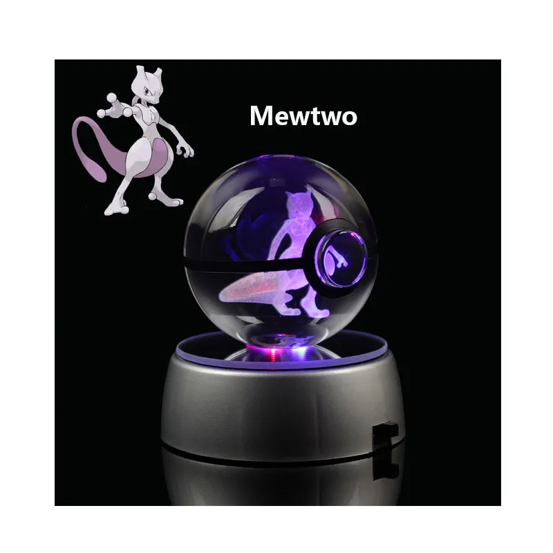 3D Anime Pokemon Mewtwo Laser Ball Carving Round Crystal Ball LED Light Base Toy