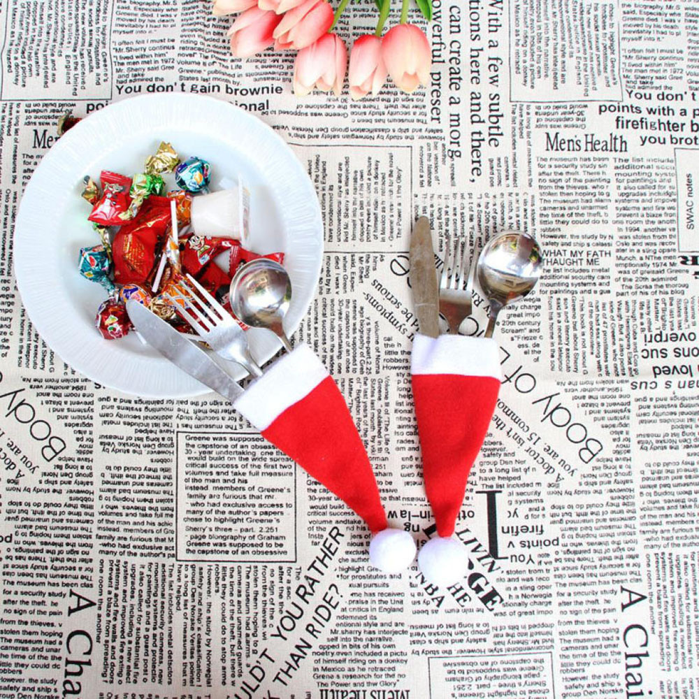 Description Picture 5 of item1~12pcs Christmas Hat Tableware Holder Bag Dinner Knife Fork Set Pocket Cover Navidad Lollipops Candy Hat Party Home Decors Xmas
