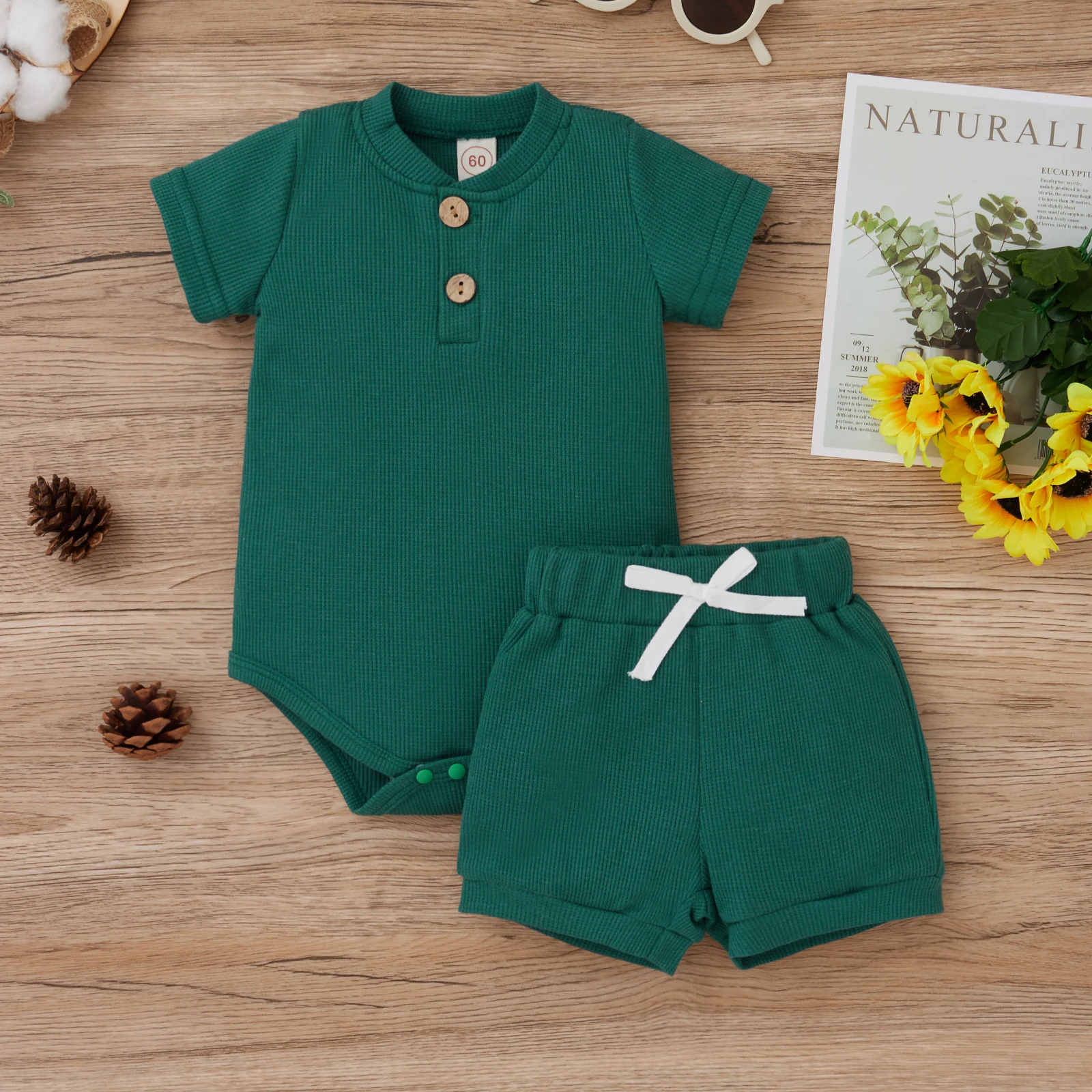 Baby Clothing Set best of sale Fashion 2022 Baby Boys Girls Two Piece Clothes Set Cotton Waffle Buttons Short Sleeve Romper+Tie Up Waist Elastic Shorts Suit baby's complete set of clothing