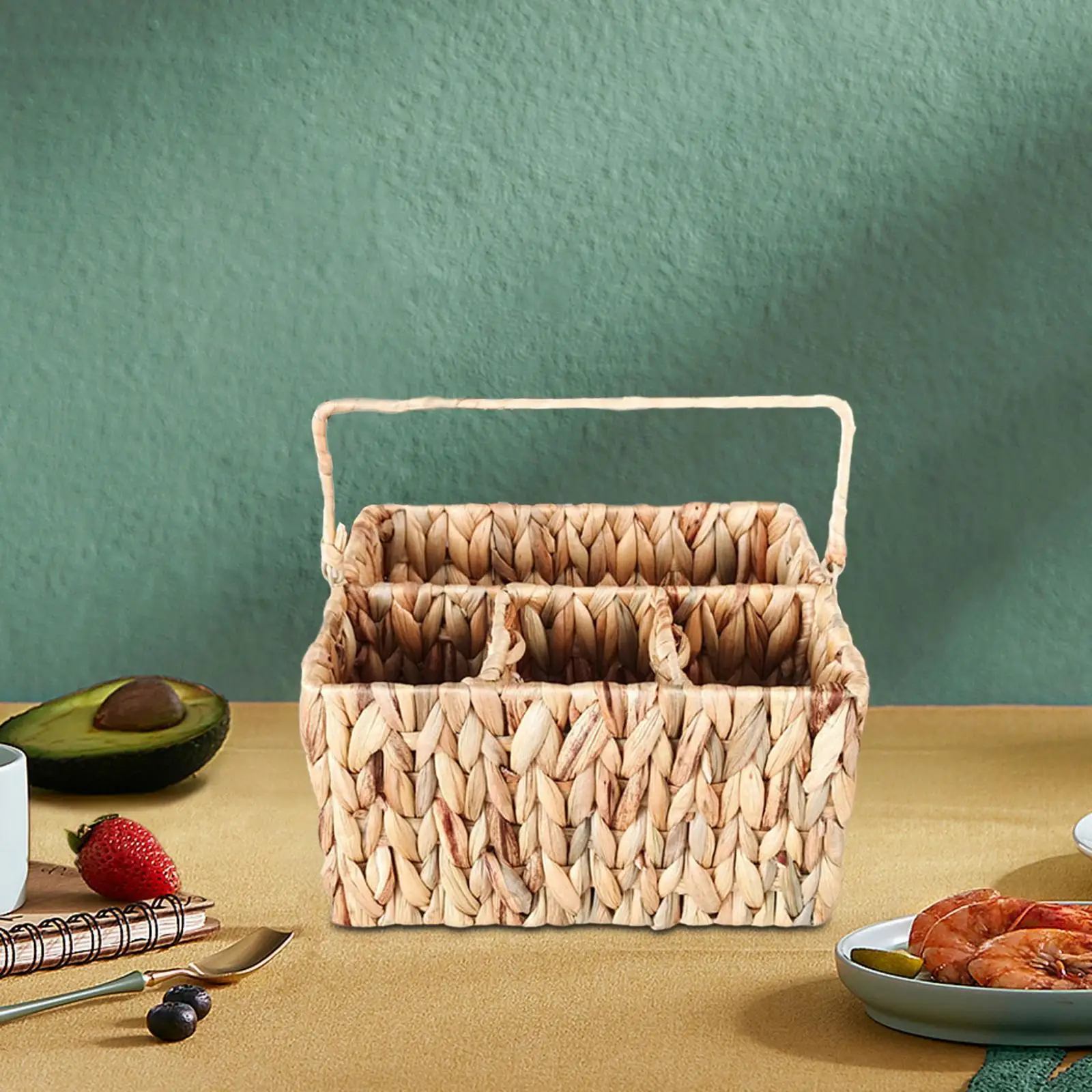 Rattan Woven Divided Storage Basket with Handle Cosmetics Holder 10x7.9x5.9inch for Organizing Tabletop Durable Lightweight