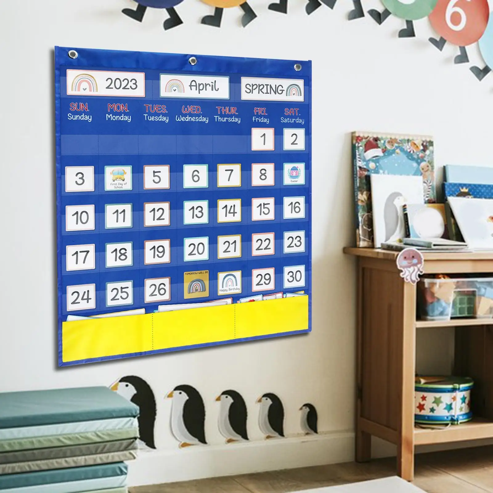 Calendar Pocket Chart with 89 Cards Early Learning Teacher Supplies Complete Festival Calendar Hanging Bag Classroom Calendar