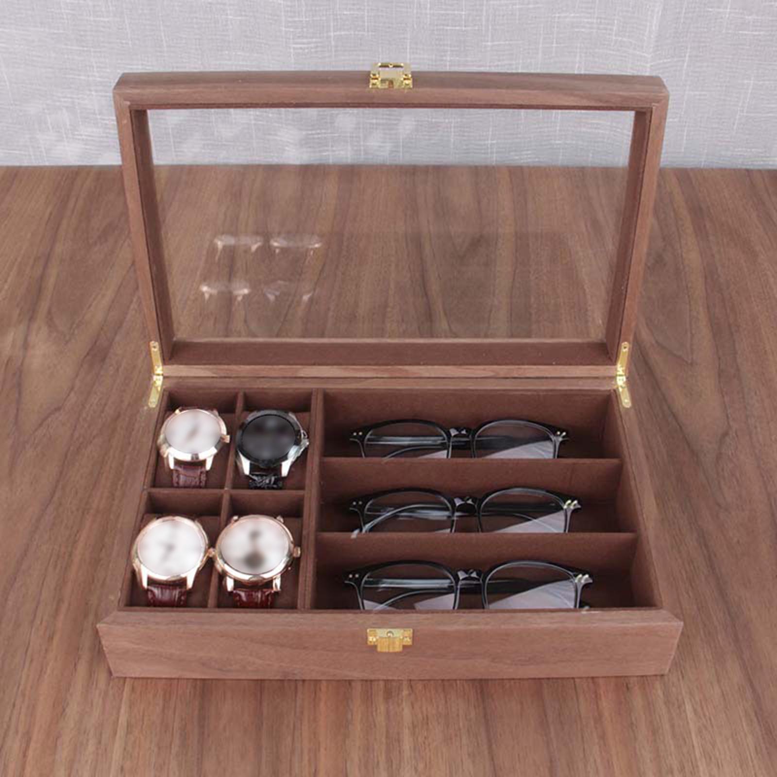 Wooden Watch Box Vintage 4 Watch Slots 3 Sunglasses Grids Lockable Portable Display Case Organizer Jewelry Storage Men Women