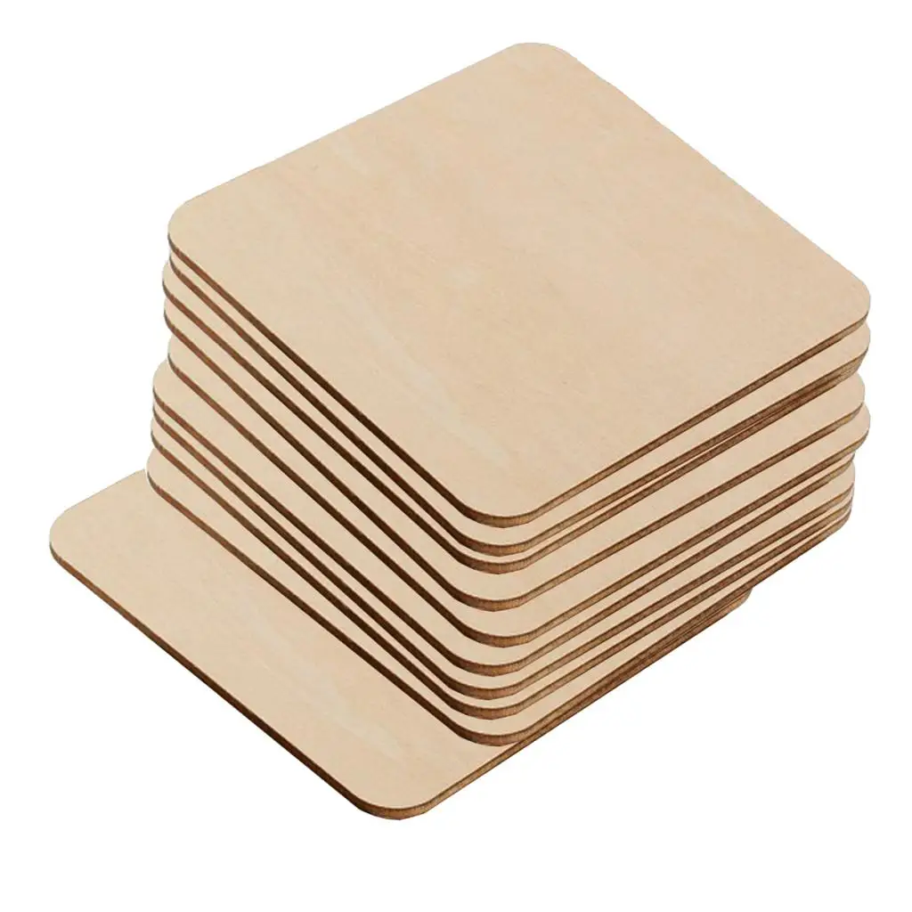 10x Unfinished Wood Cutouts Square Wooden Pieces Blank Round Corner