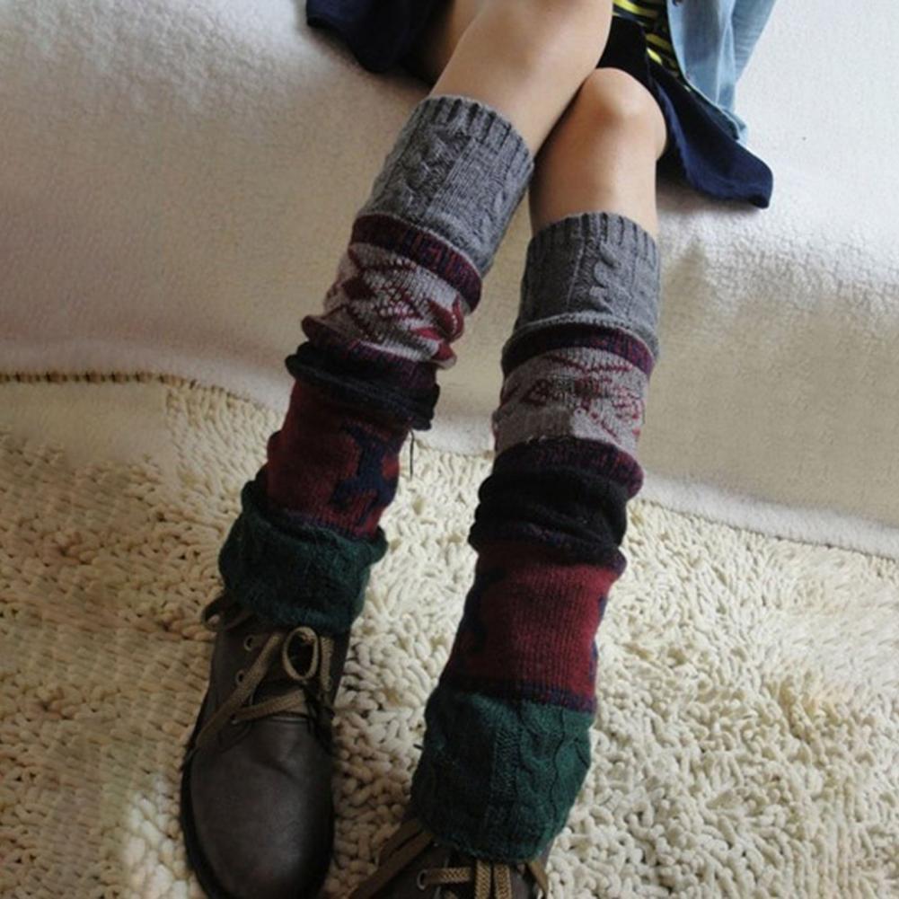 1 Pair Christmas Deer Snowflake Patterns Crochet High Stretchy Knit Knee-High Winter Boot Socks Leg Warmers_voghion.com