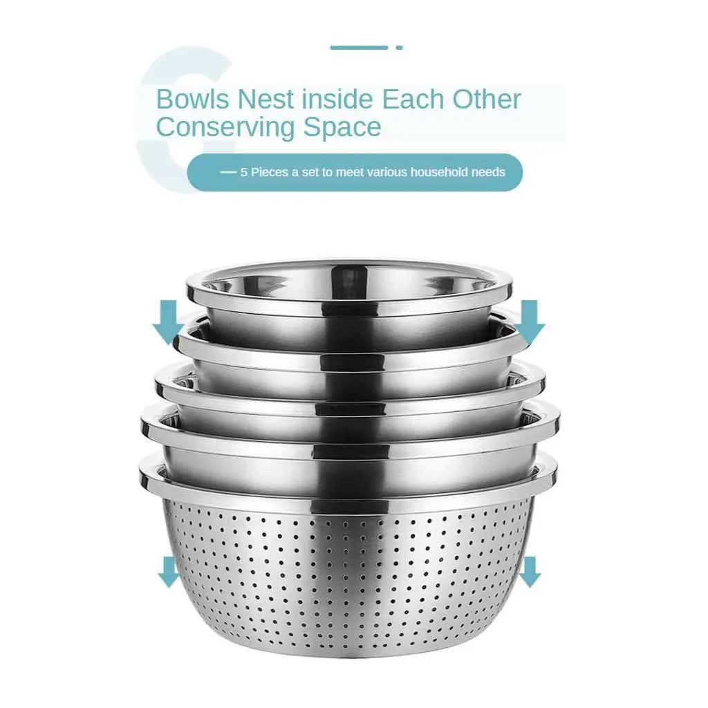 5 Pack Stainless Steel Mixing Bowls Strainer Catering Baking Colander Tools
