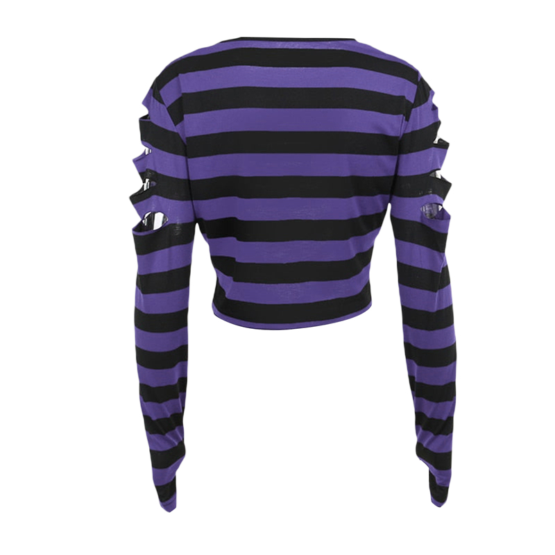 Camiseta Cyber Punk Y2K de los años 2000 para mujer, de rayas, cuello redondo, manga larga, con agujero, ropa gótica, camisetas E-girl, ropa de calle
