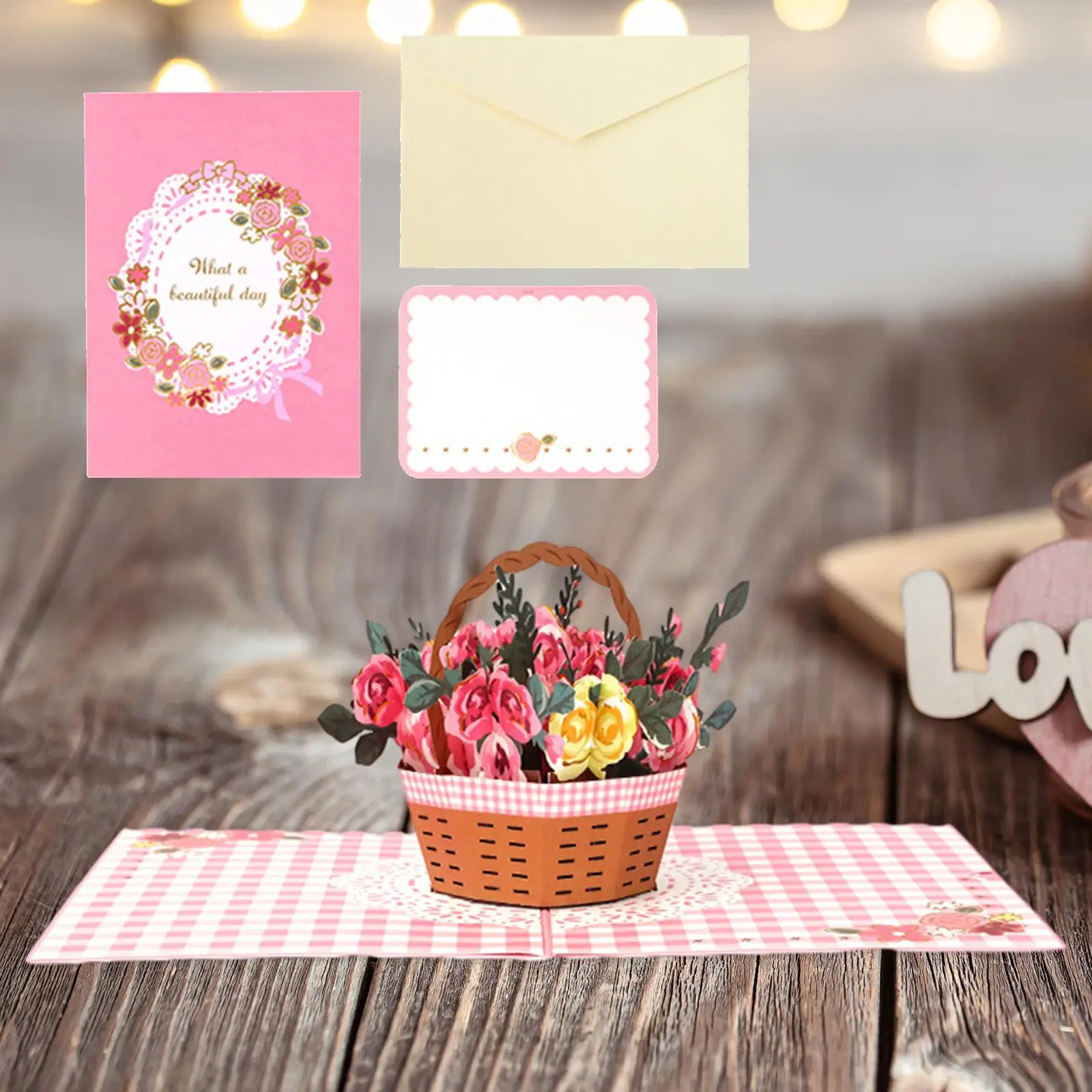 Valentine`s Day Popup Card Rose Basket All Occasion Handmade Anniversary Card for Spring Graduation Birthday Anniversary Grandma