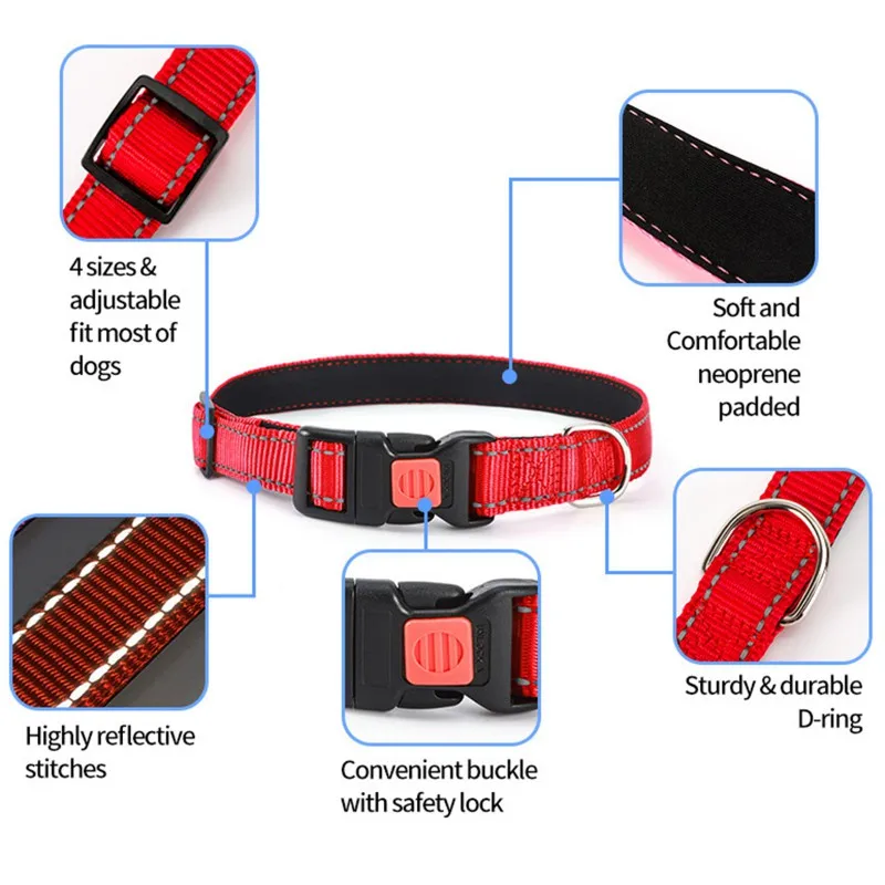 Un collar para perros con varias características destacadas. El collar es rojo con detalles en negro y parece tener un material reflectante para mayor visibilidad. Tiene una hebilla con cierre de seguridad, que probablemente esté diseñada para evitar que el collar se abra accidentalmente.