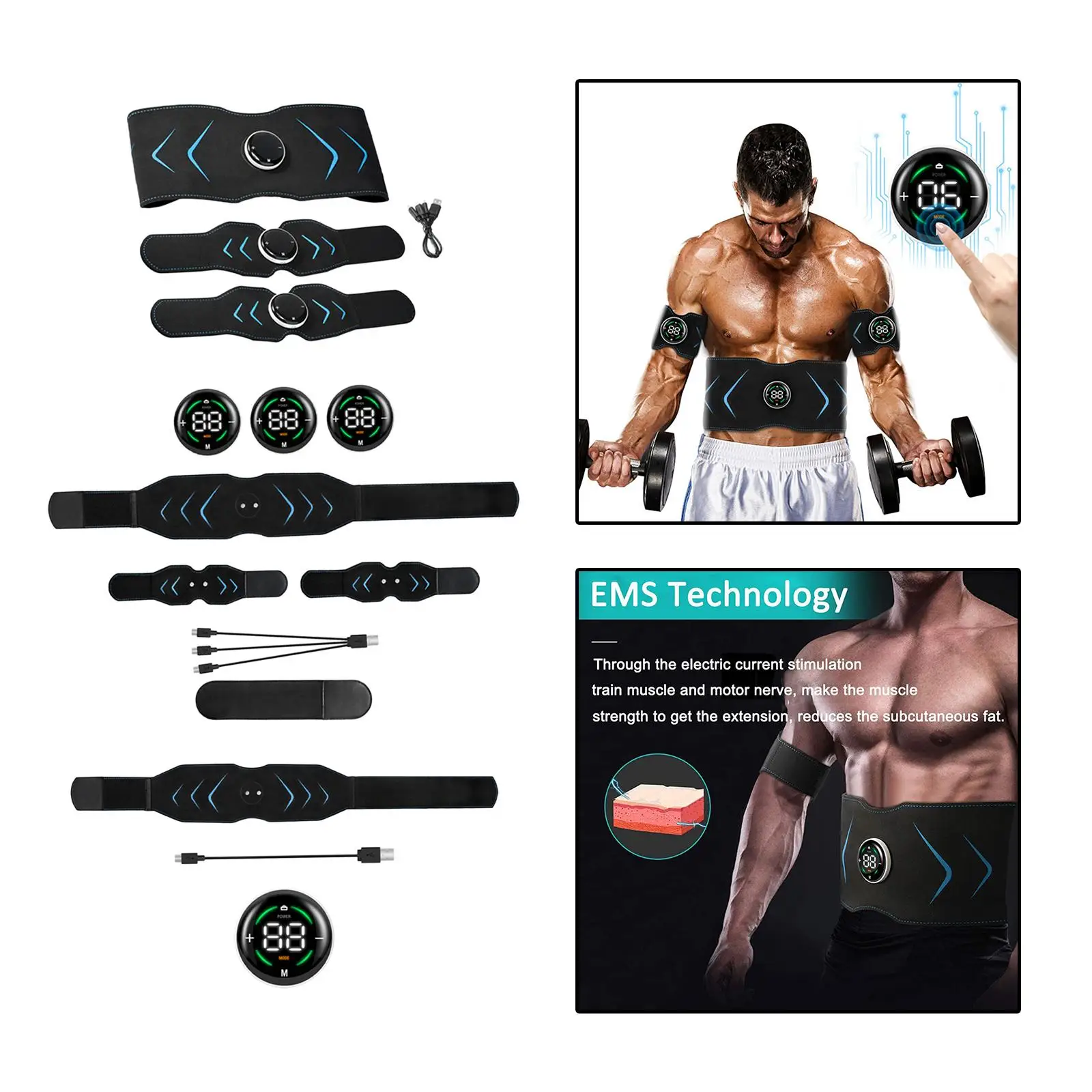 Portable Abs Stimulator Belt LCD Screen Display Training Abdominal Muscle Toner Abdomen USB for Fitness Home Gym Workout