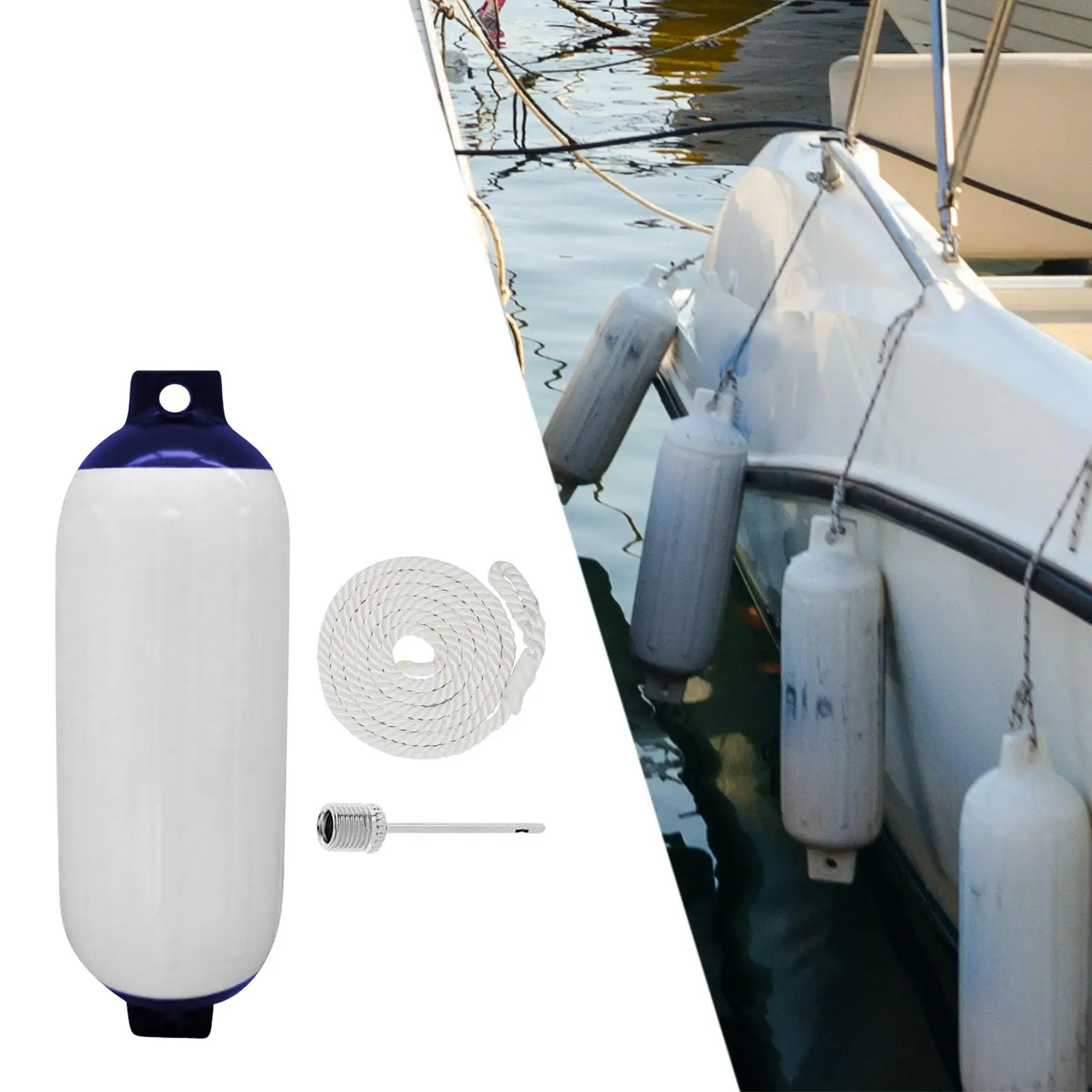 Boat Fender with Rope and Needle 4x16inch Protection Inflatable Boat Bumper for Docking Speedboat Sailboats Yacht Pontoon