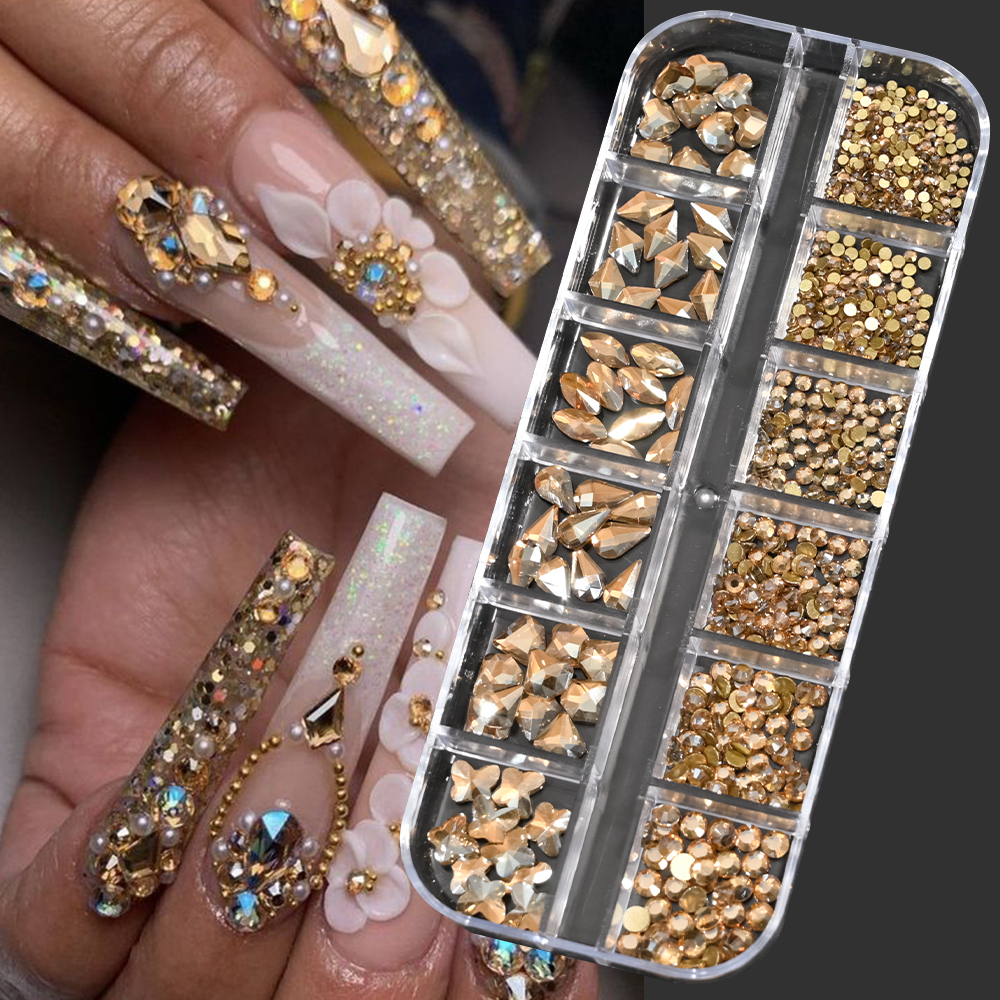 Best of 12Grids Mixed-Shape Gold Diamond Nail Rhinestones Non Hot Fix Flatback Crystal Charms 3D Glitter Nail Rhinestones Maincure Decor Reviews & Tips