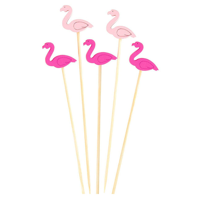 100 Bastoncini Cocktail In Legno - Decorati Con Fenicottero Per Feste