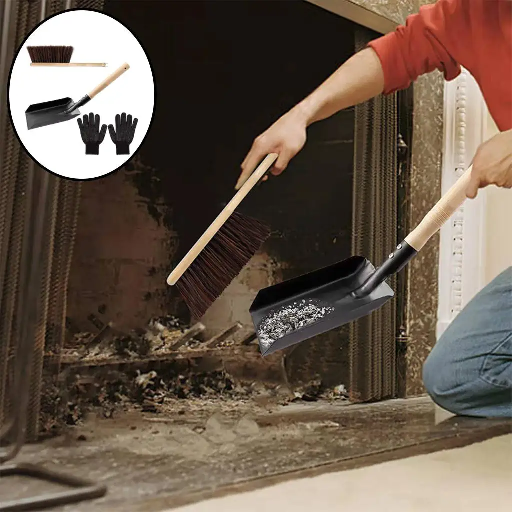 Fireplace Tools Ash Shovel and Hearth Brush Set Dust Shovel Firepit Gloves Hearth Tidy Fireside Wood Burner Accessories