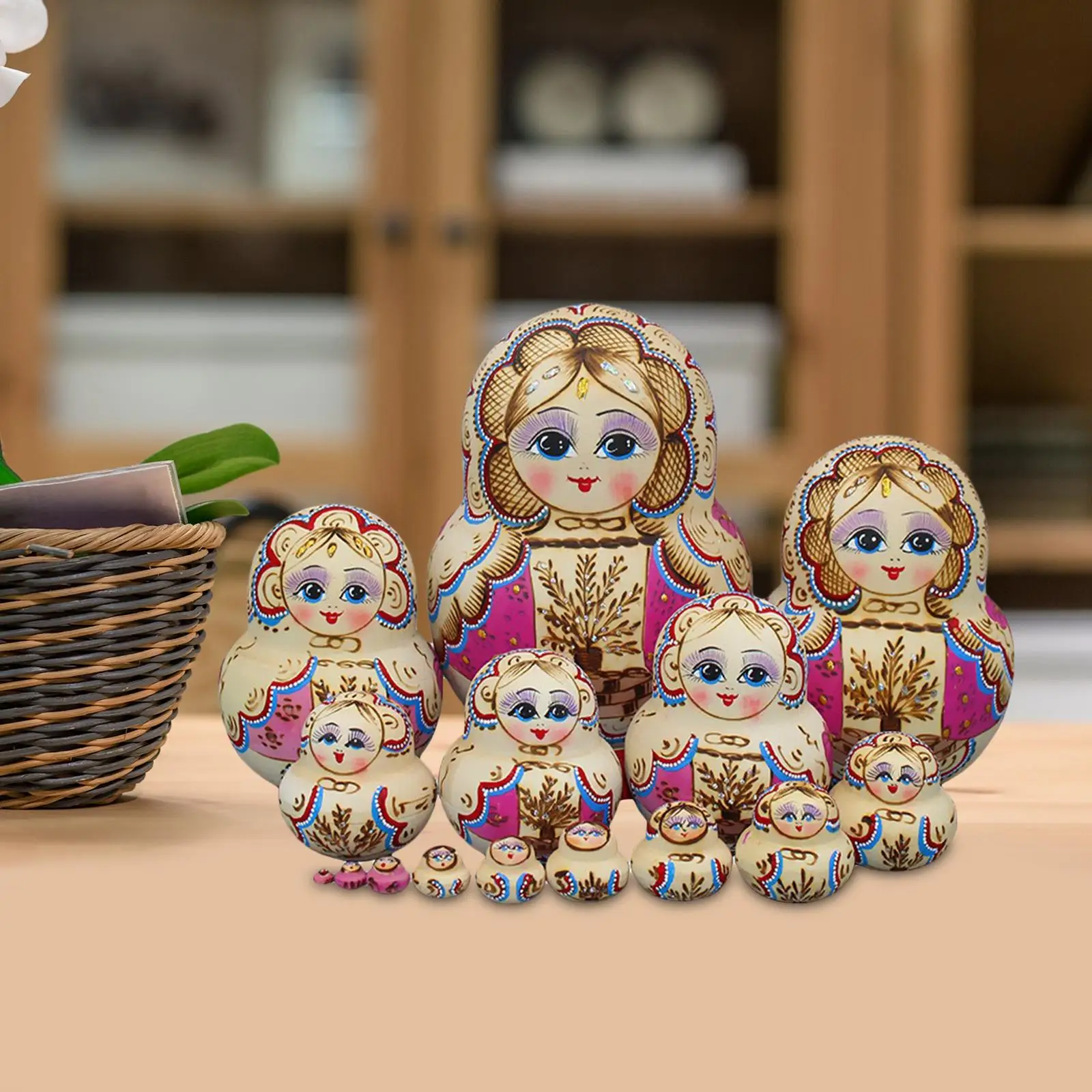 15Pcs Handmade Nesting Doll Stacking Ornament Figures Collectible Crafts Wooden Matryoshka Dolls for Home