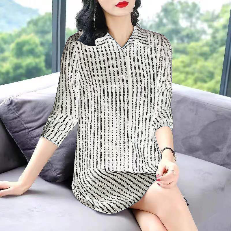 roupa feminina nova manga longa colarinho carta impresso camisa moda elegante comute solto botão midi blusa