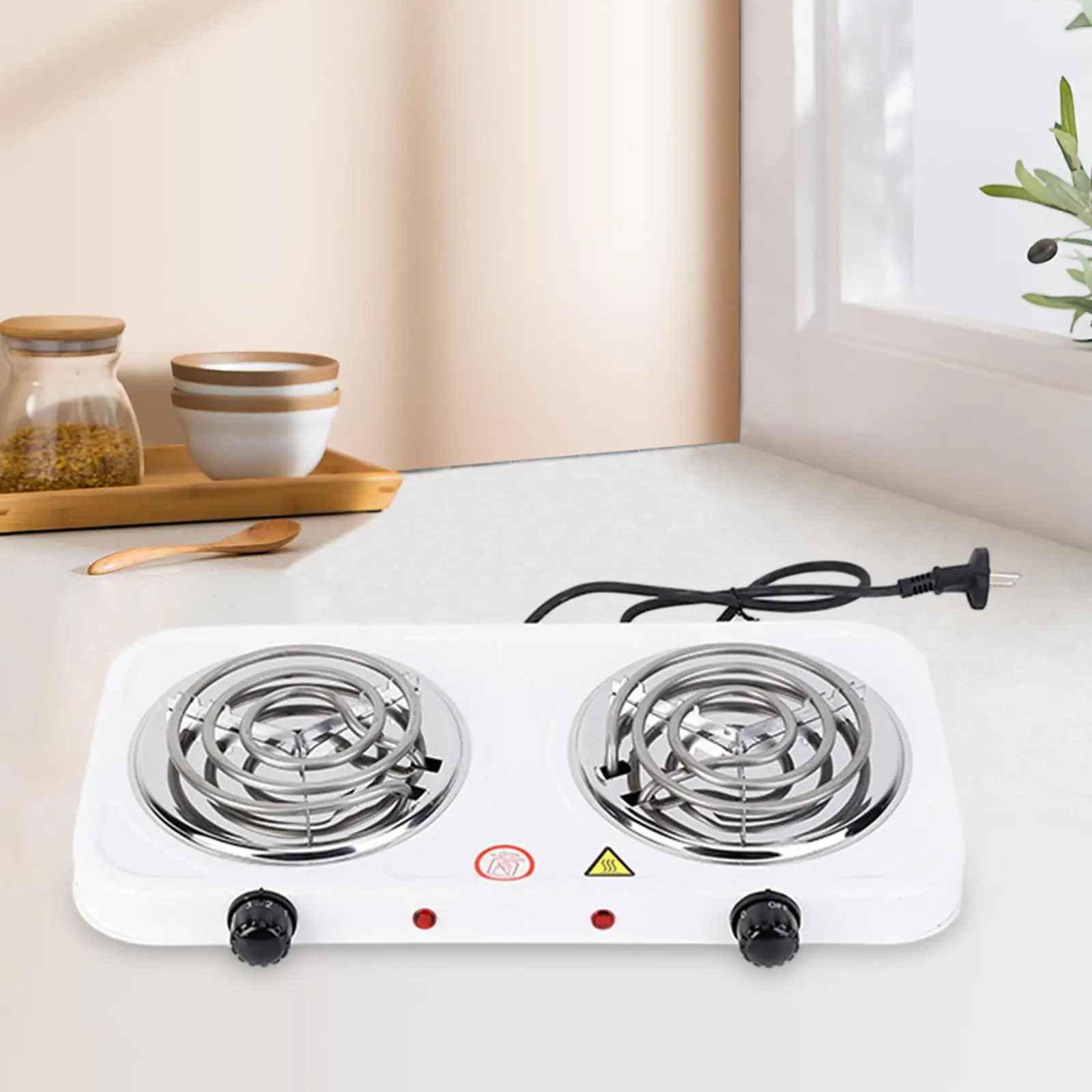 Electric Double Coil Burner for Home, Travel, Outdoor Activities Adjustable Temperature Knob 2000W with Indicator Lights Compact