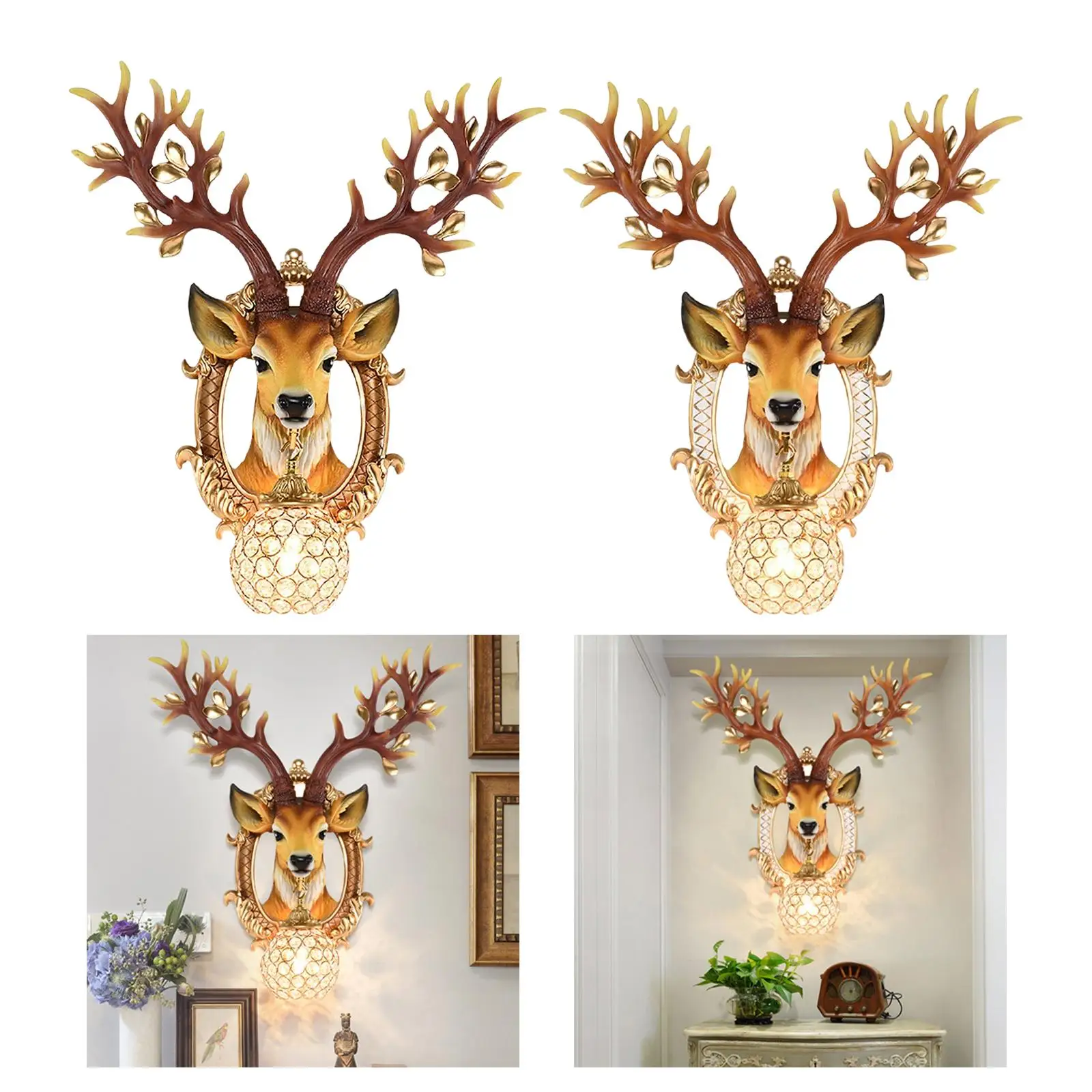 Nordic Antler Sconce Antler Lamp Crystal Lampshade Fixture Deer Wall Lamp for Loft Porch Entryways Hallway Kitchen