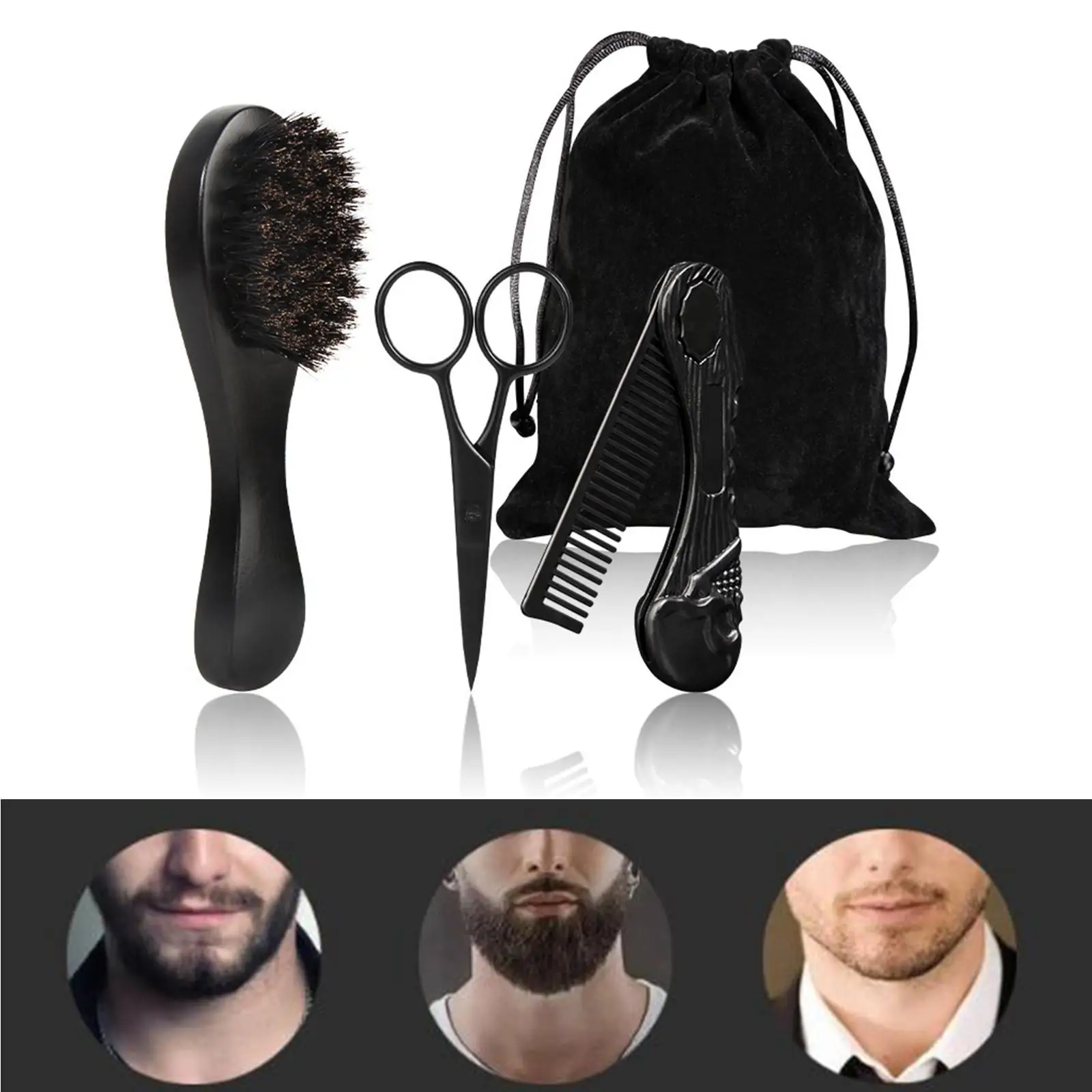3x Professional Beard Care Kit for Men Gift Wooden Folding Comb Brush Mustache Scissors for Travel Men`s Home Beard Grooming Kit