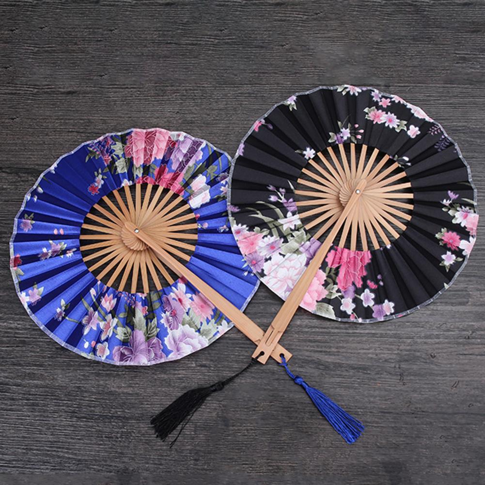 Description Picture 3 of itemJapanese Sakura Flower Printed Fans Pocket Folding Hand Fan with Tasse Round Circle Dance Performance Fan Wedding Party Decor