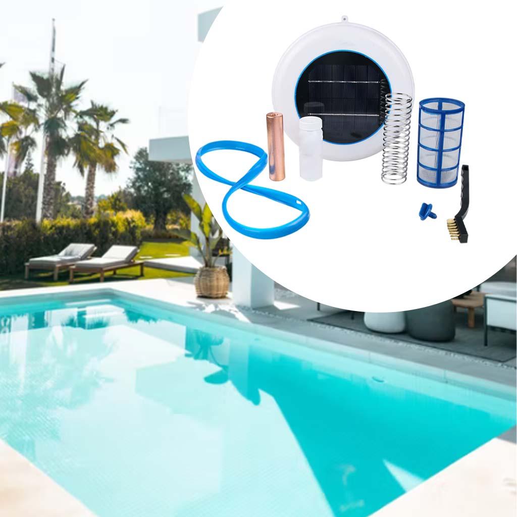 Solar energy swimming pool ionizer generate ions reduce greenhouse emissions