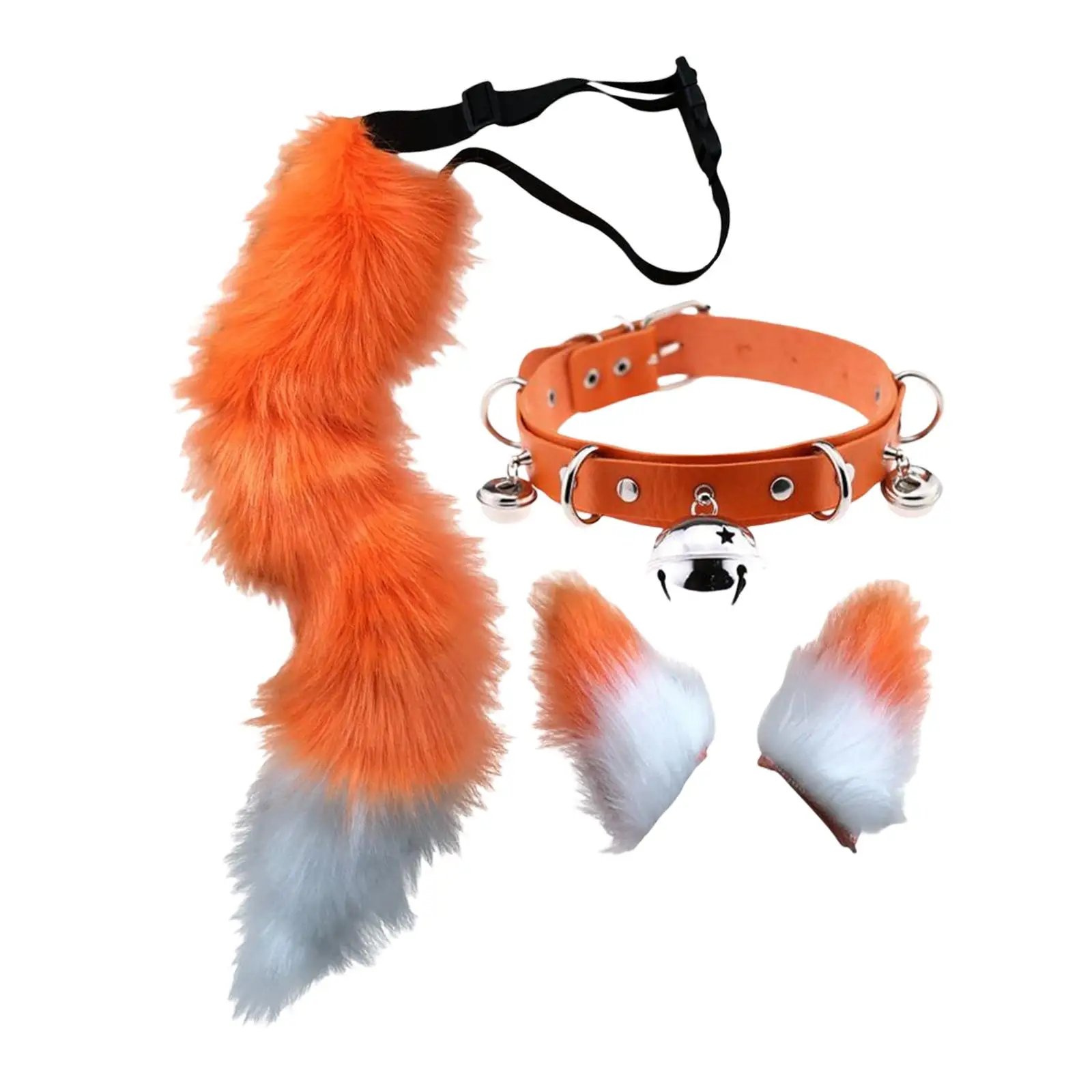 4Pcs Animal Fox Ears and Tail Set Faux Fur Long Tails Leather Choker Set Anime Cosplay Costume Kits Party Christmas