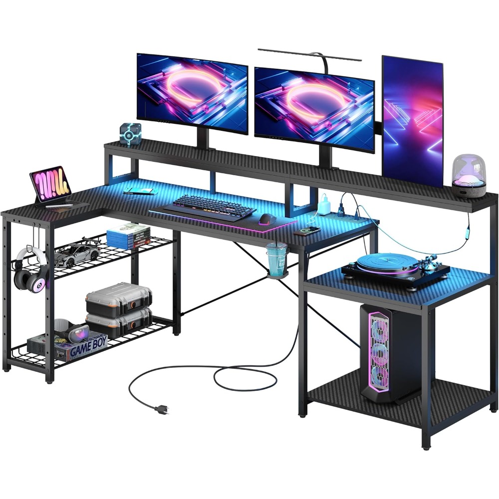 Description Picture 3 of itemLarge Corner Desk With Storage Shelf L Shaped Gaming Desk With Power Outlets Table Computer Desks Cup Holder Headset Hooks Black