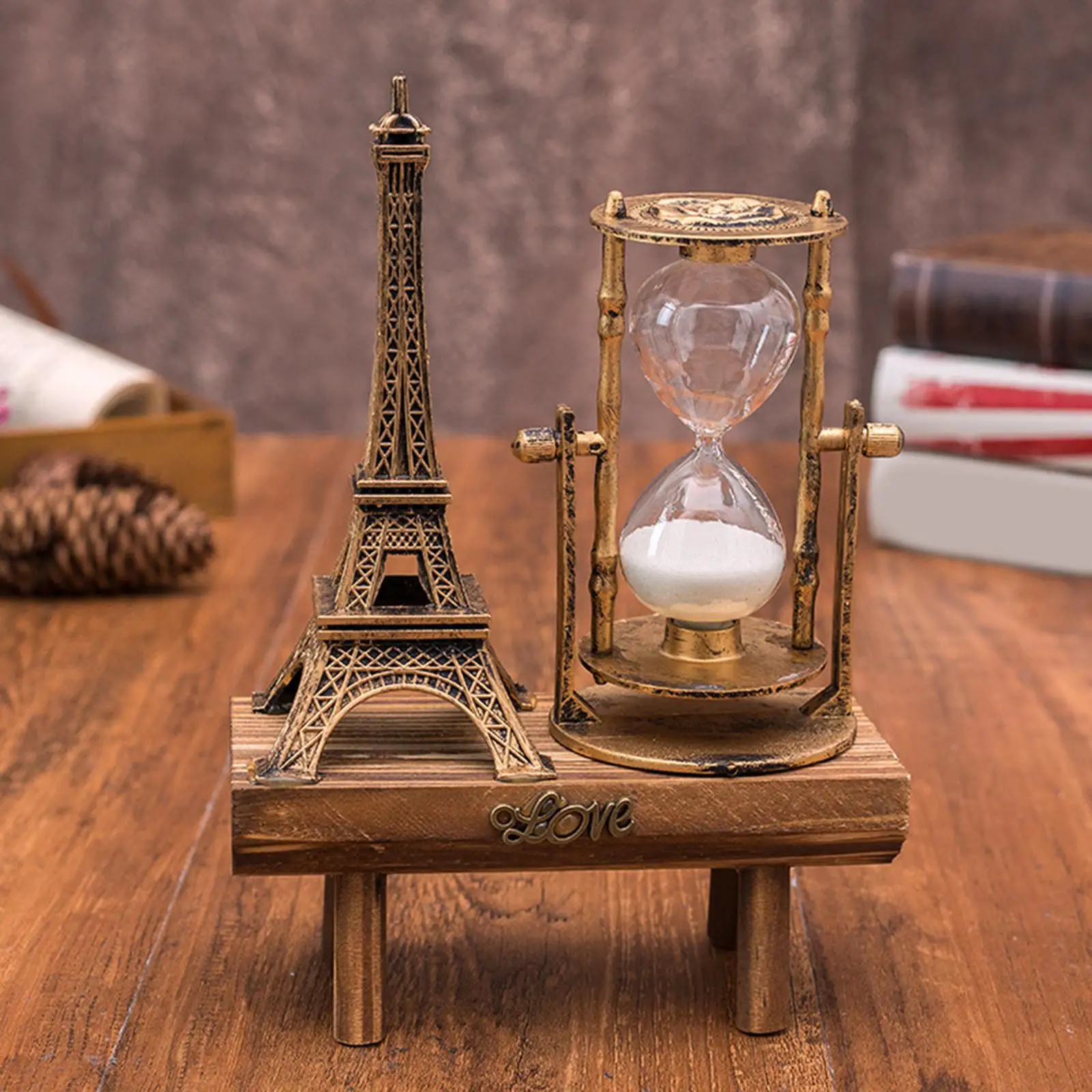 Iron Tower Hourglass Sand Timer Home Decoration Ornament Gift Wooden Base