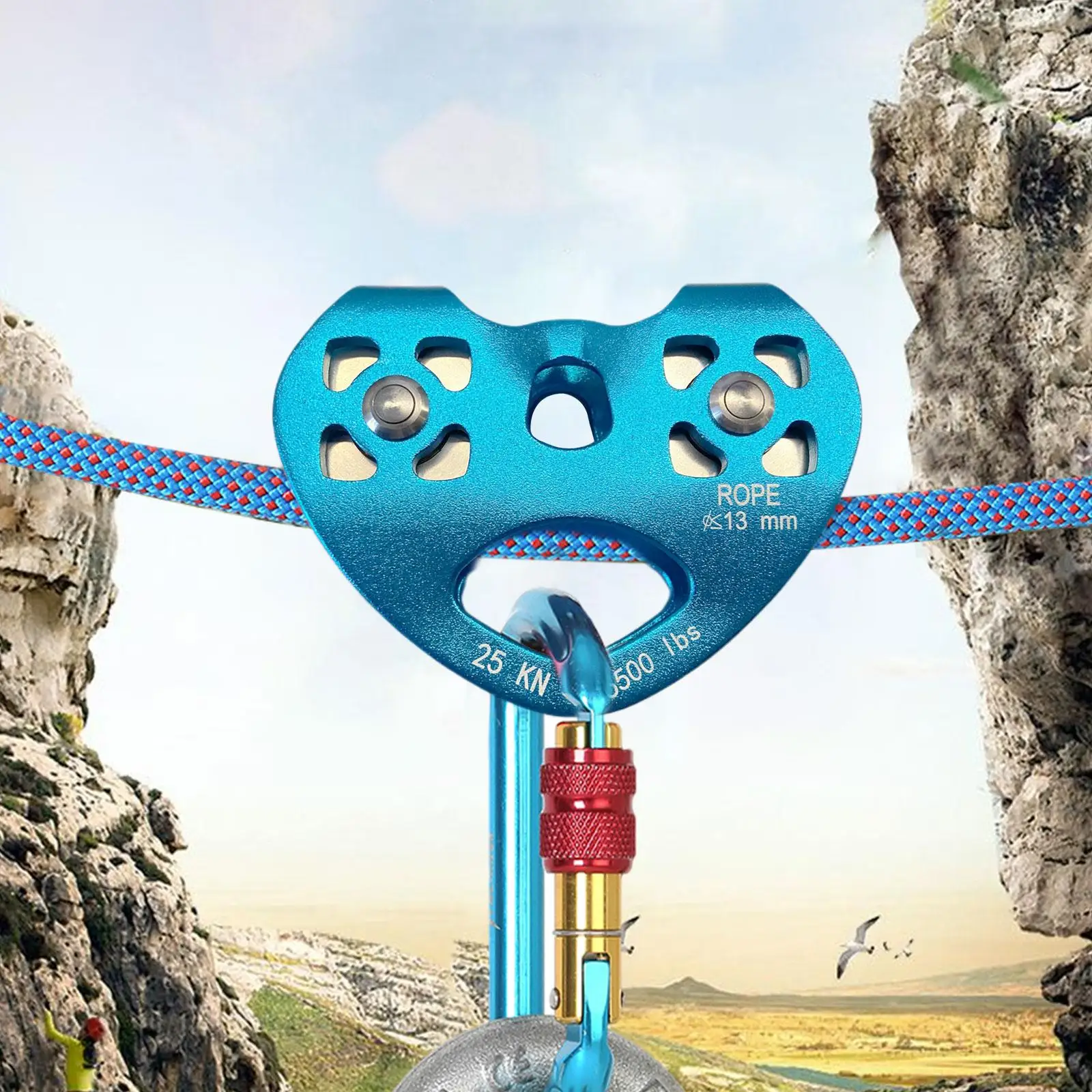 25KN Double Trolley Pulley Aluminum Zip Climbing Mountaineering Tandem Pulley with Stainless Steel Ball Bearing