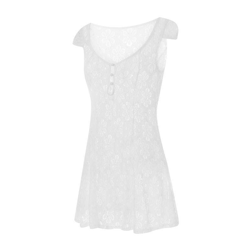 y2k Going Out Mini Lace Dress Summer Women See Through Short Sleeve V Neck Hollow Out Button Down A Line Dress Clubwear