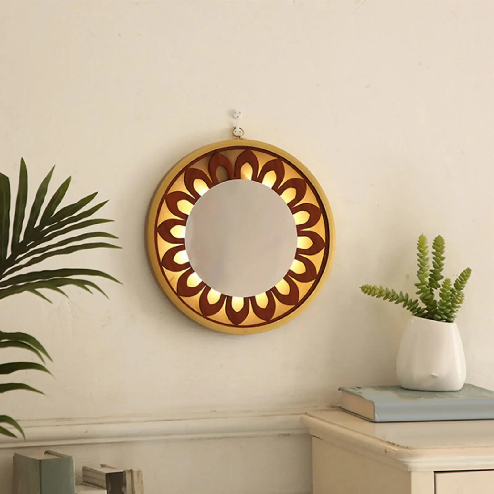 Rustic Wall Hanging Mirror Decorative with Light Circle Mirrors Wood Farmhouse for Hallway Hotel Decor Makeup Hall Wall Decor