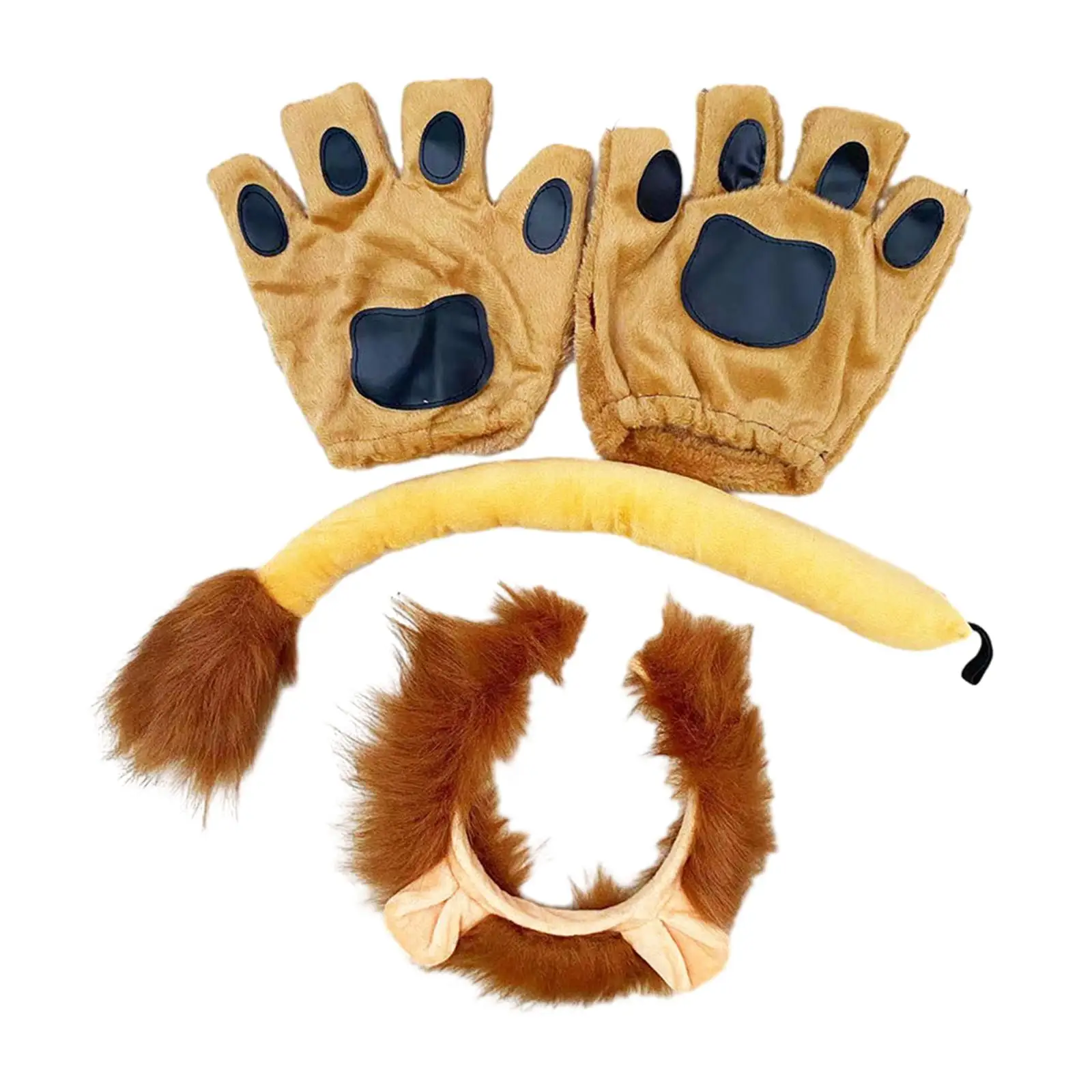 Lion Ears and Tail with Gloves for Kids Headwear Plush Lion Ears Hair Clip for Festival Performance Party Birthday Fancy Dress