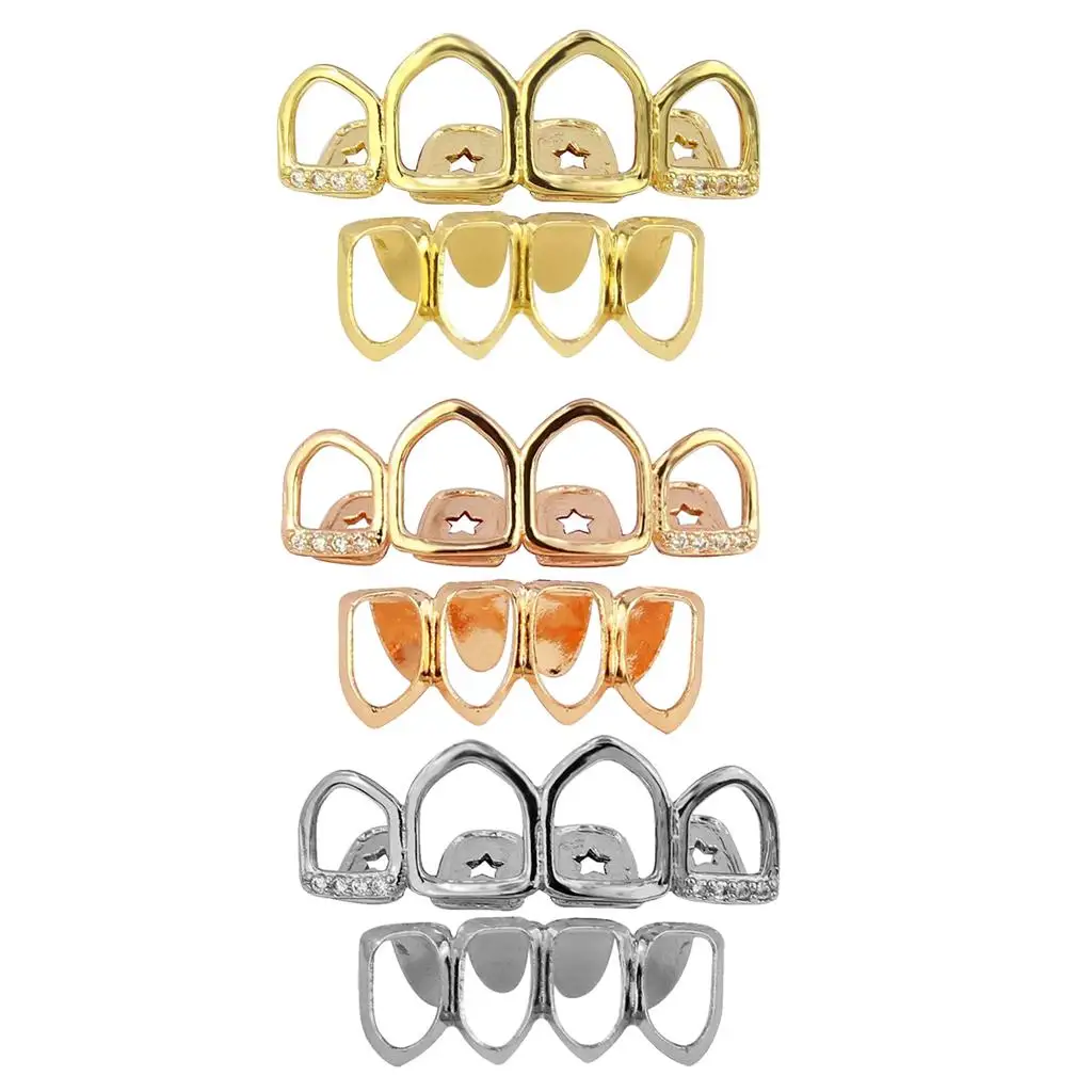 Plated Grills 4 Hollow Open Mouth Caps Grills Upper Lower Set
