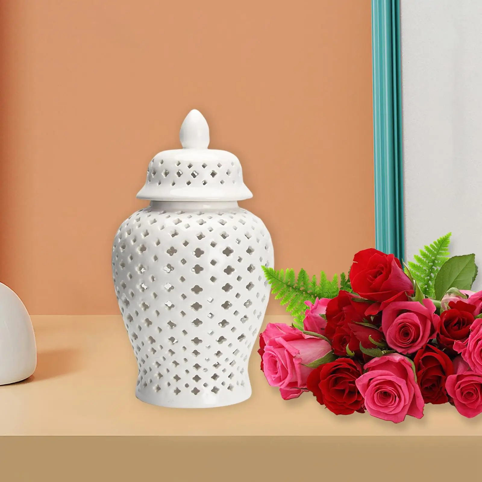 Porcelain Ginger Jar with Lid Collectable Lantern Decorative Handicraft Universal Lattice Jar Vase for Storage Decor Decoration