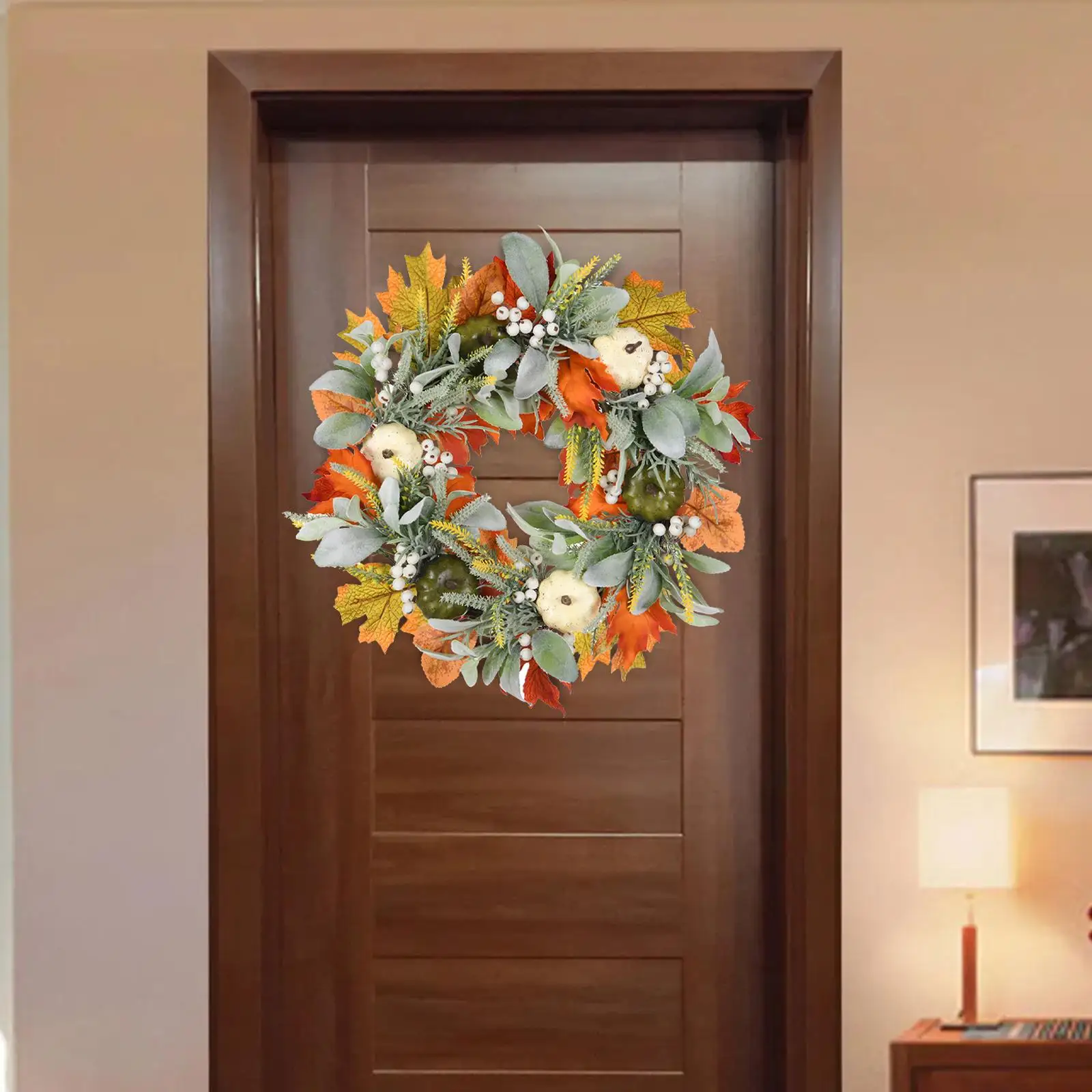 Autumn Wreath 17.72`` Ornament Garland with Pumpkin Leaves Harvest Wreath for Holiday Porch Indoor Outdoor Garden Decor