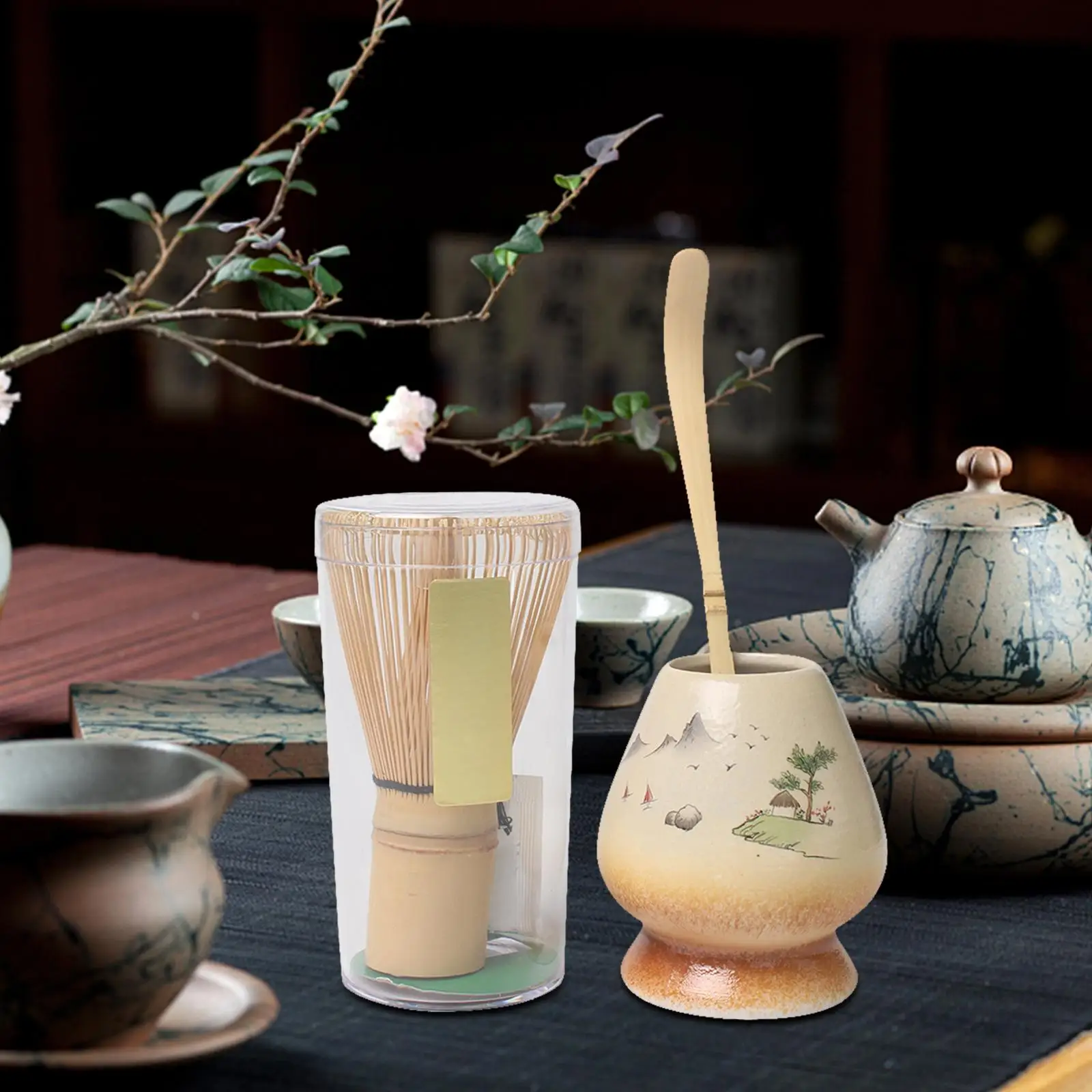 3Pcs Matcha Set with Tea Spoon Handmade Bamboo Whisk Matcha Whisk and Bowl for Japanese Matcha Preparation Beginner
