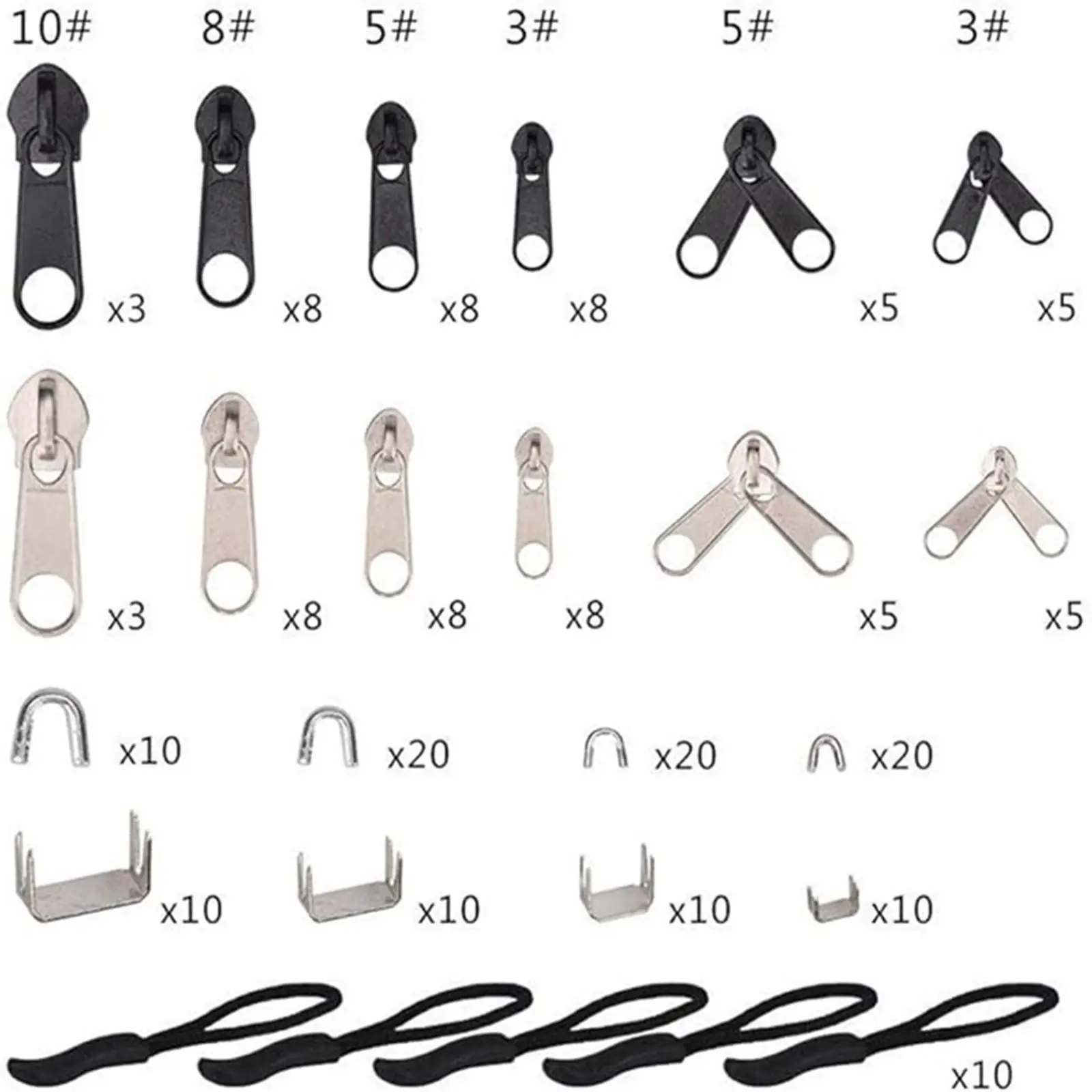 197Pcs Zipper Repair Kits Replacement Craft Metal Manual DIY Sewing Zipper Pull for Sleeping Bag Luggage Jeans Coats Clothes