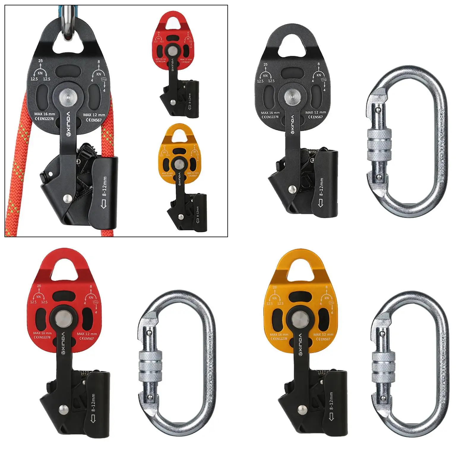 25KN Hauling Pulley Lifting Prusik Pulley Block Heavy-Duty Tackle for 12mm Rock Climbing Rope with Carabiner Clasp