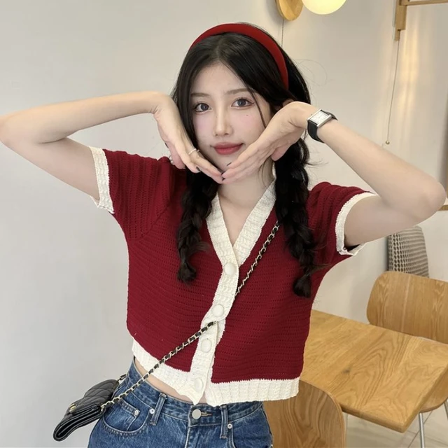 Korean Style T-shirts Women Tender Design Sweet Girls Ins Retro Casual  Simple Crop Tops Button-up Young Knitted Chic Thin Summer - T-shirts -  AliExpress