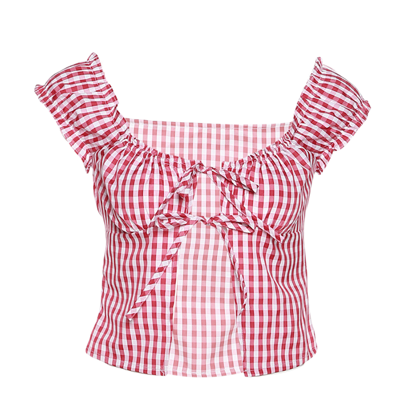 Ootddress Fairy Grunge Plaid Crop Top Summer Women Short Sleeve Tie Up Bandage Vest Kawaii Off Shoulder T Shirt Female Clothes