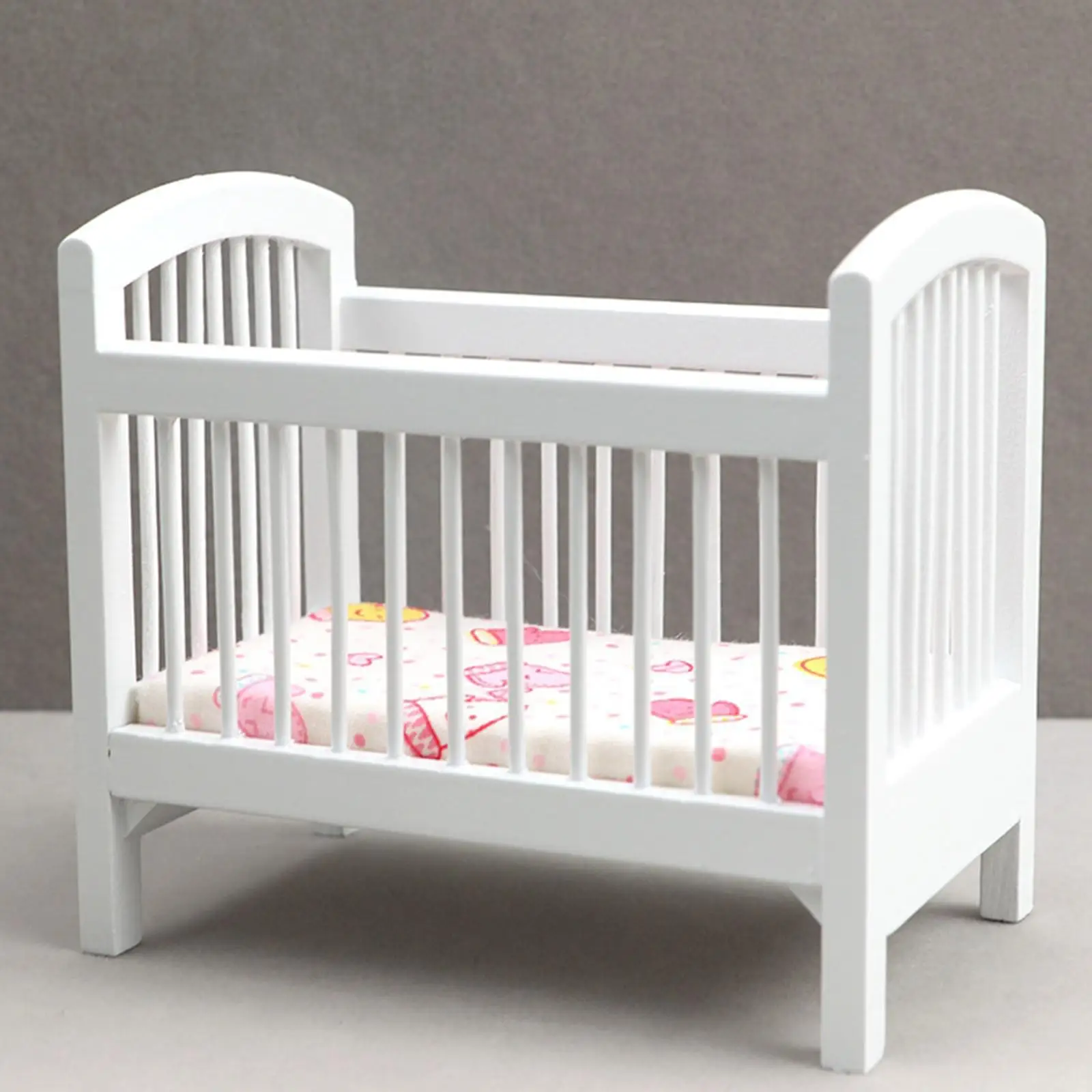 Dollhouse Miniature Wooden Crib Furniture Set with Mattress for Dolls Decor