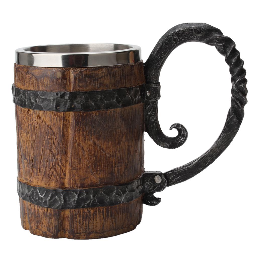 Retro Imitated Wooden Resin Beer Mug Steel Coffee   Tea Cup Pub Bar Decors