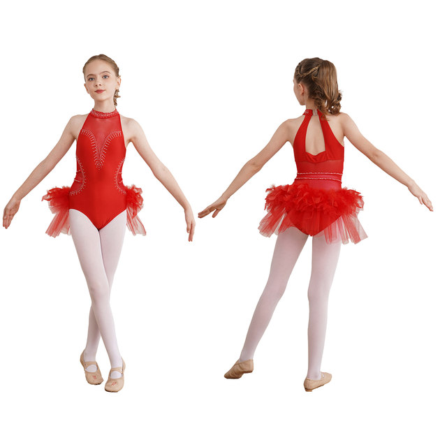 Tuta Da Danza Per Bambina Con Strass E Mesh - Body Balletto Manica Lunga Per Ginnastica E Spettacoli