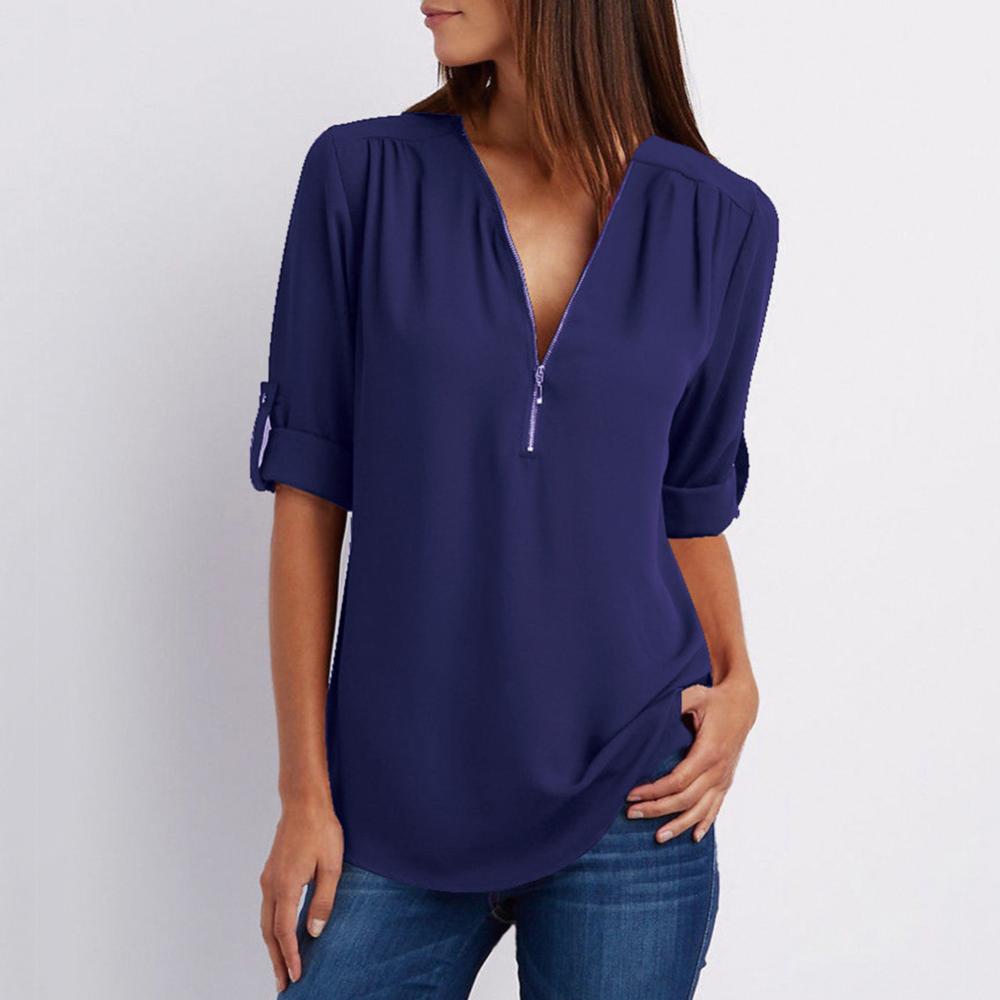 Title 11, Casual Office Lady Blouses Sexy Solid Color Zip...