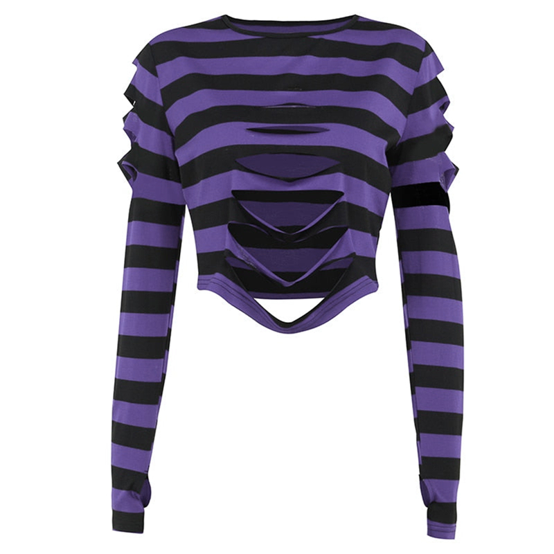 Camiseta Cyber Punk Y2K de los años 2000 para mujer, de manga larga, cuello redondo a rayas y agujero, ropa gótica, camisetas E-girl, ropa urbana