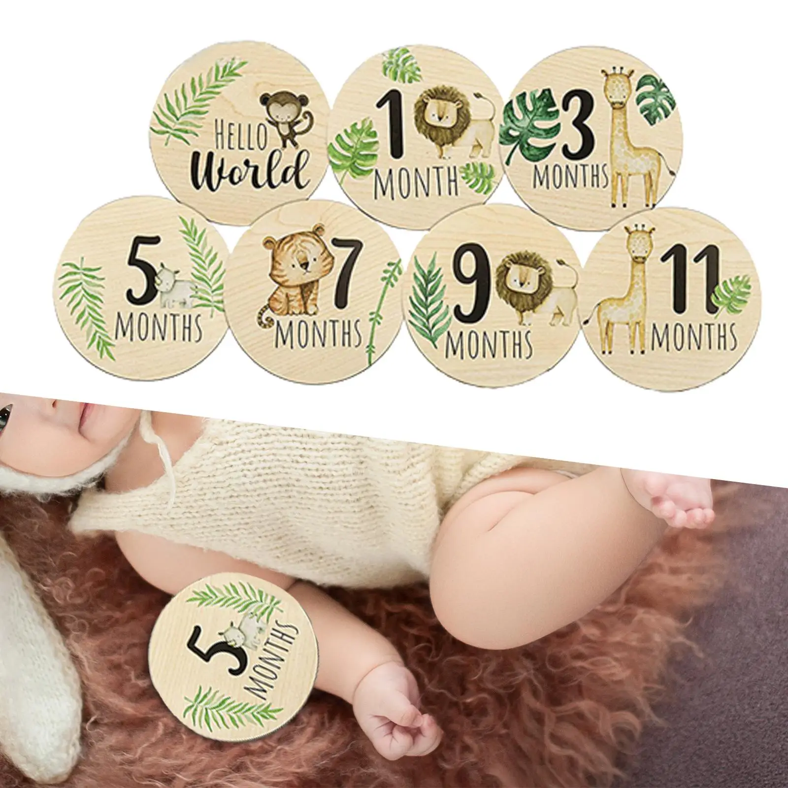 7Pcs Baby Milestone Cards Newborn Photoshoot Props Wooden Monthly Cards Photo Prop Monthly Milestone Discs for Keepsake Toy