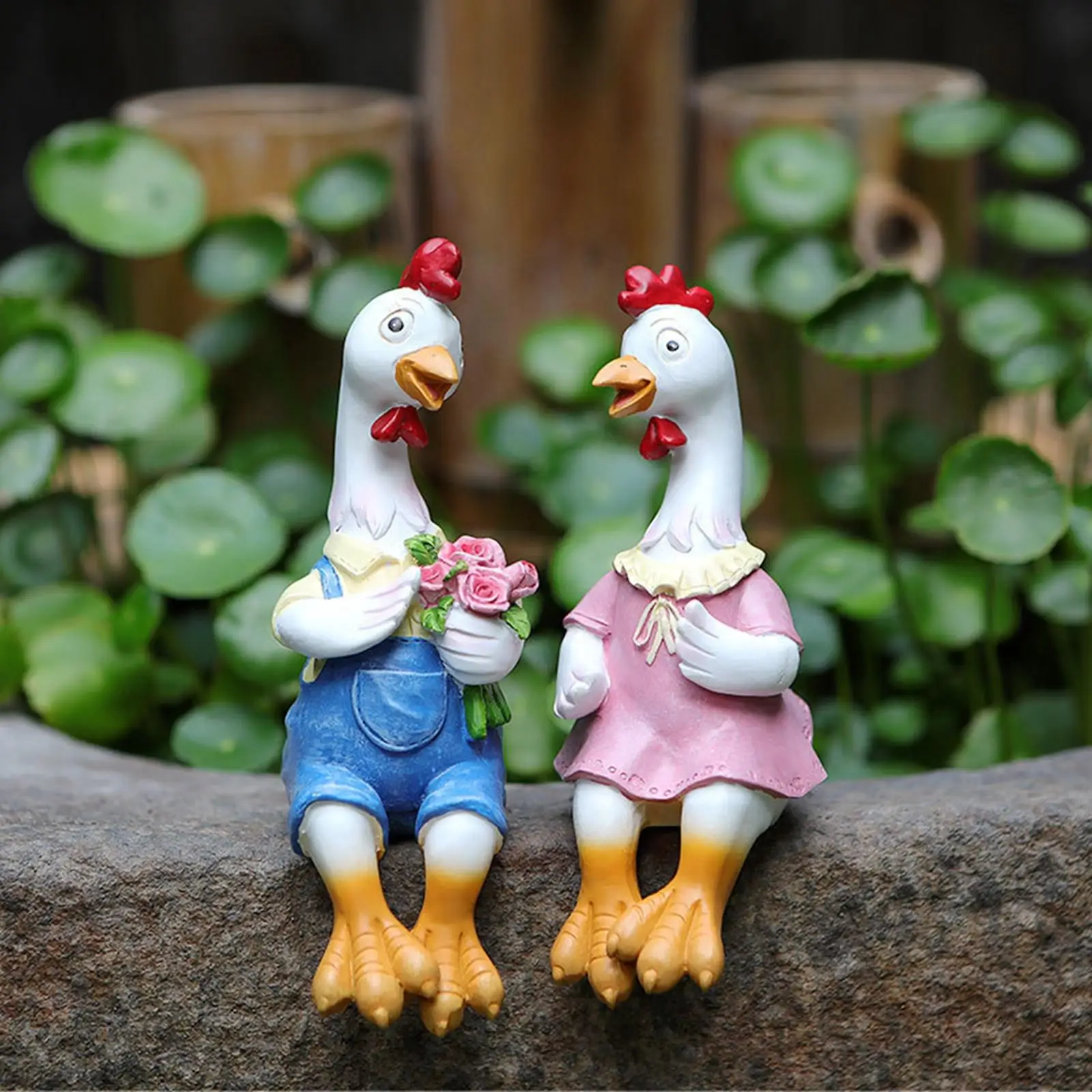 Funny Rooster and Hen Statue Animal Figurine Handicraft Crafts for Yard Balcony Flower Bed Landscaping Decor