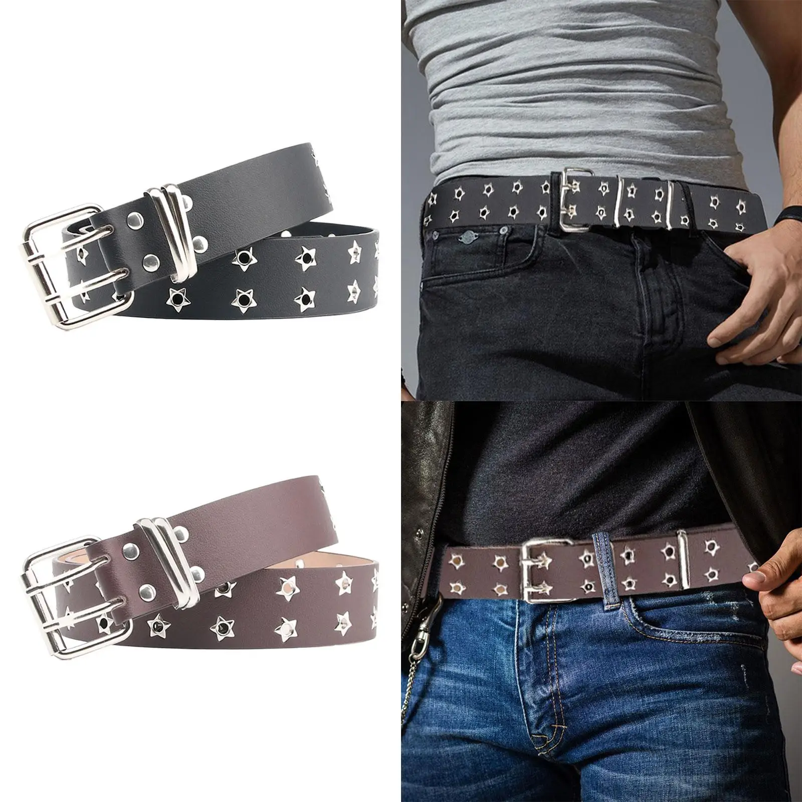 Double Grommet Belt Double Prong Buckle Gothic Adjustable Punk PU Leather with 2 Holes Punk Belt for Club Cosplay Jeans Party