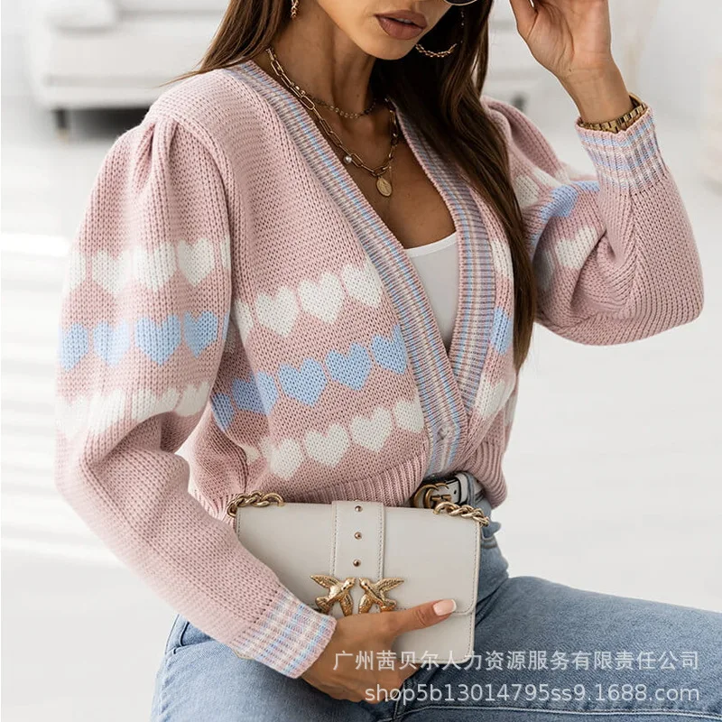 cropped sweater Women Sweater Jacket Spring Autumn Love Print Loose Knitted Coat Women's Casual Button Long Sleeve V-neck Cardigan Short Sweater christmas sweaters