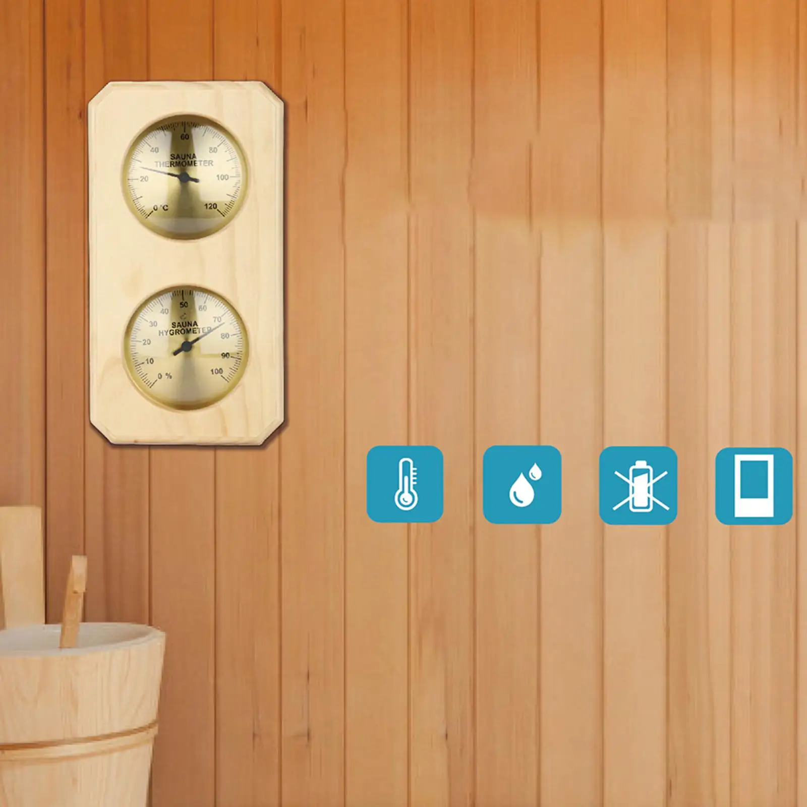 Wood Sauna Thermometer Hygrometer Sauna Room Accessories Horizontal